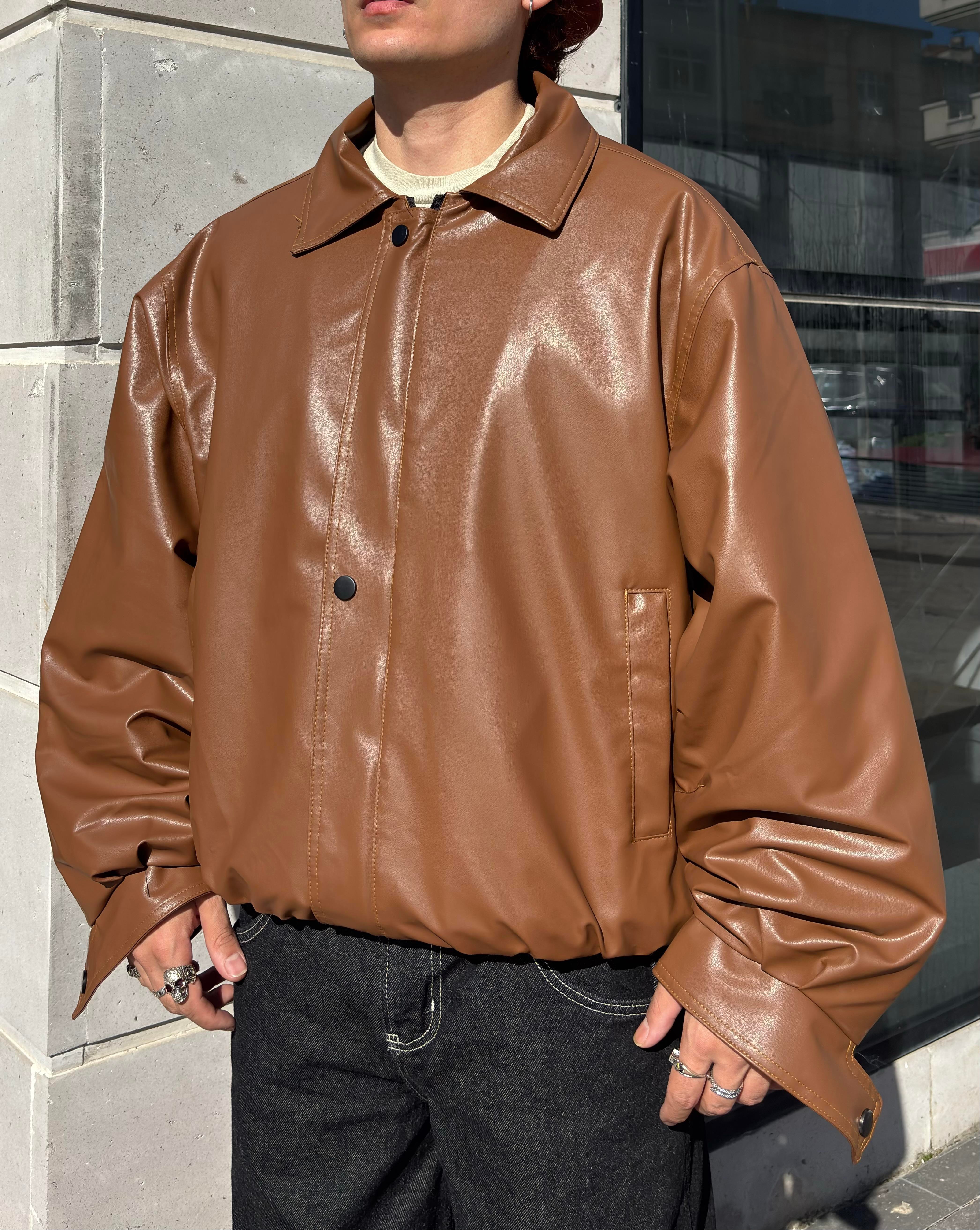 Kahverengi Bomber Full-Zip Deri Ceket