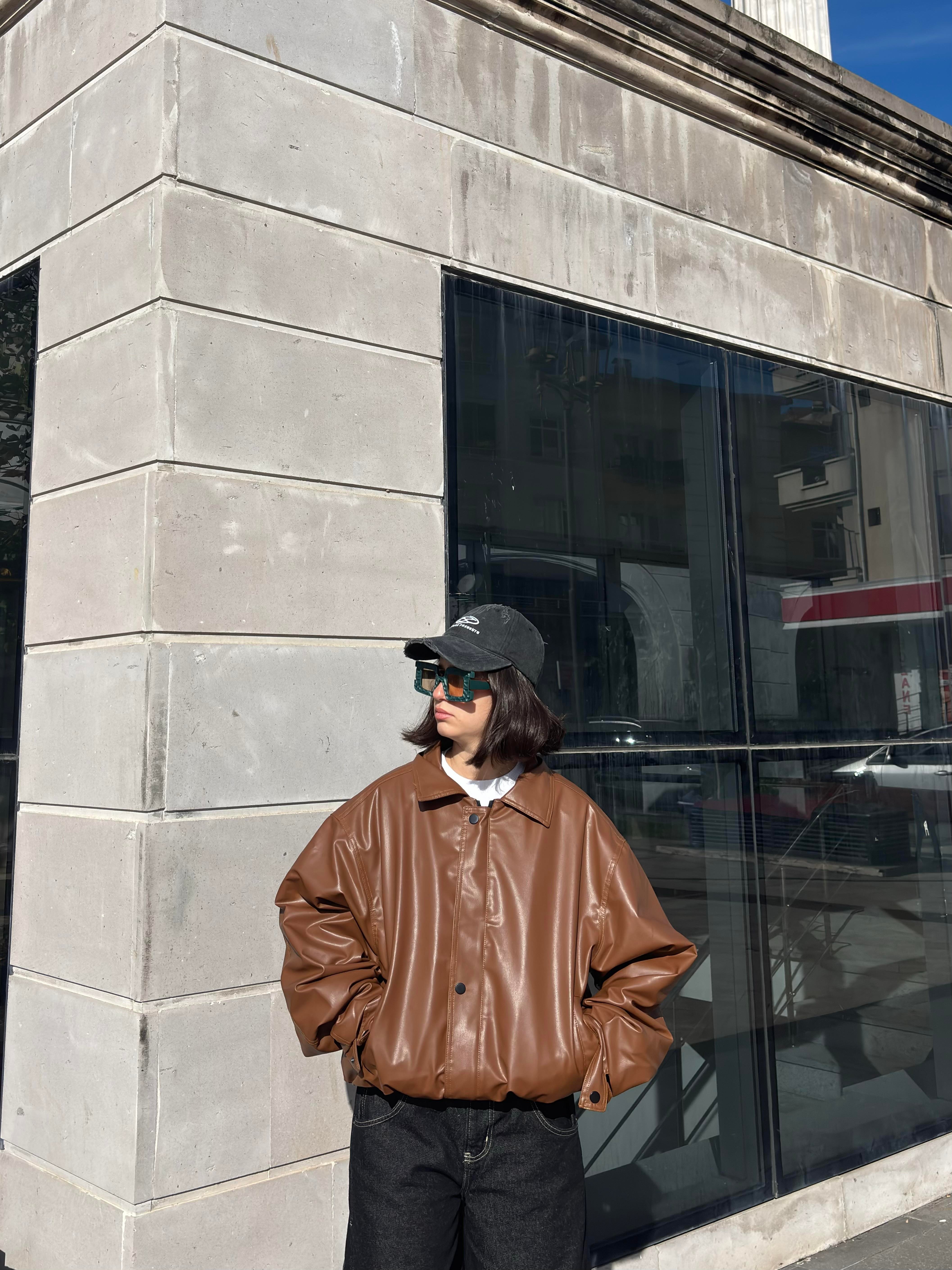 Kahverengi Bomber Full-Zip Deri Ceket