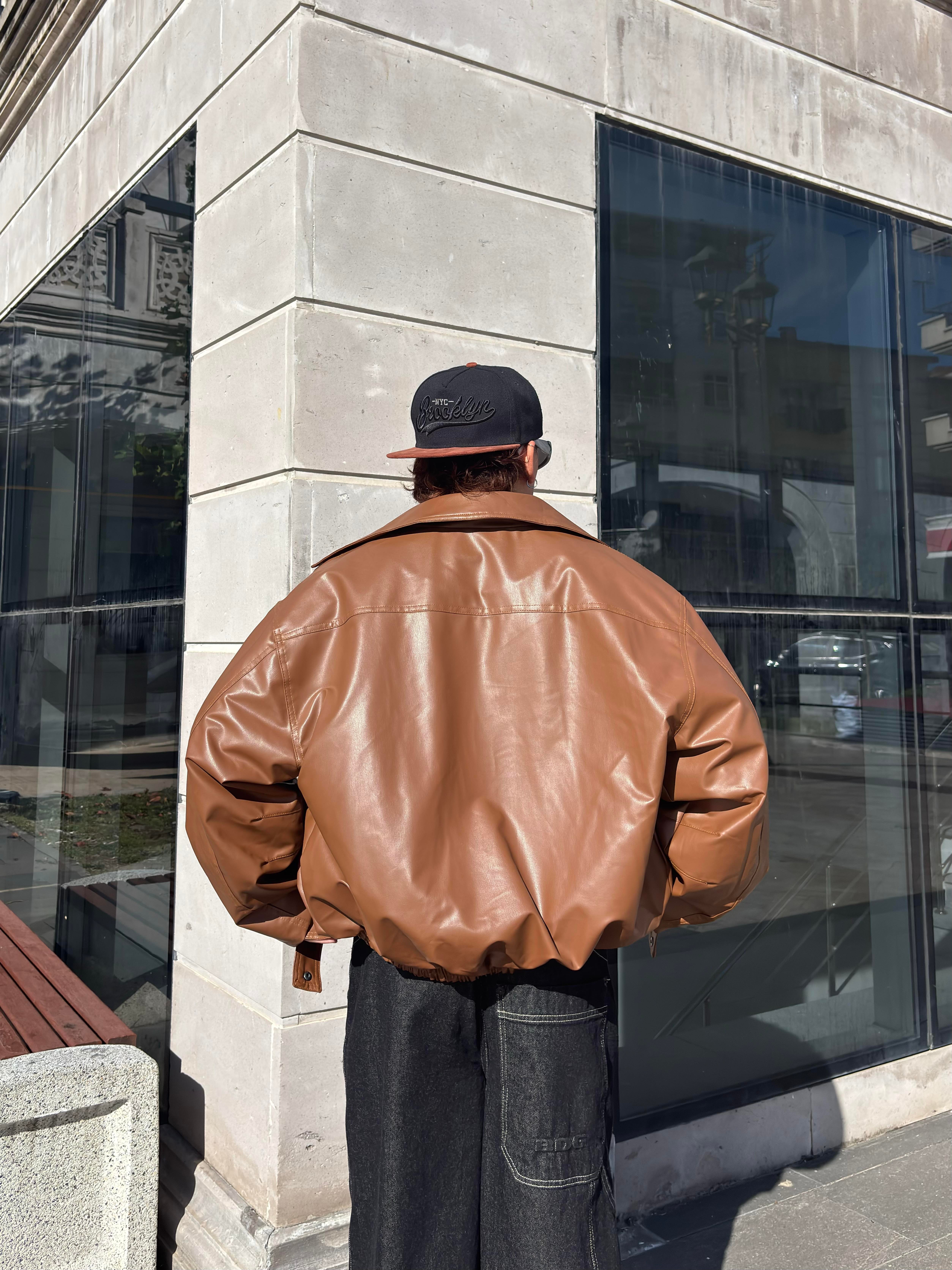 Kahverengi Bomber Full-Zip Deri Ceket