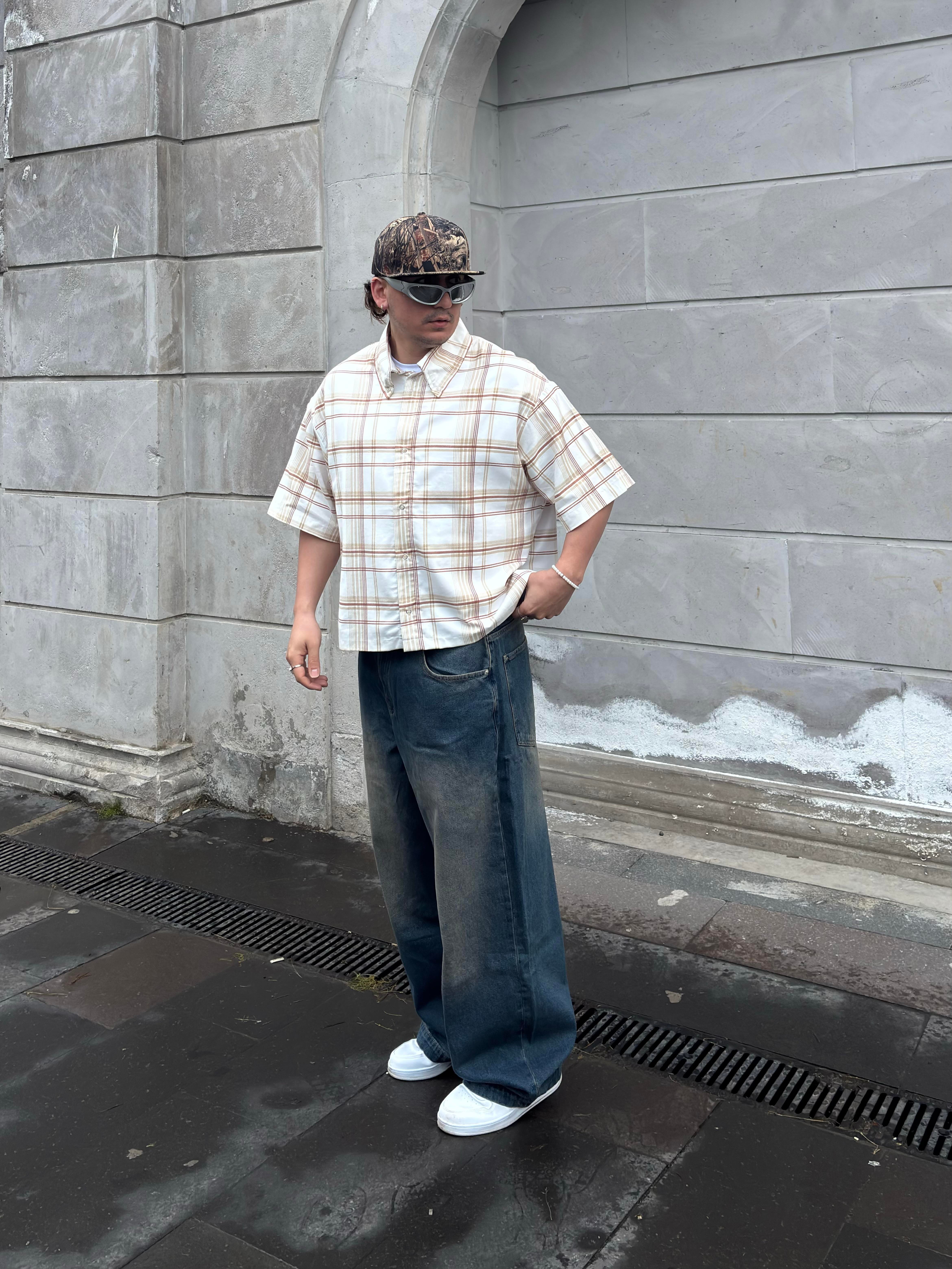 Krem Ton Ekose Boxy Fit Gömlek