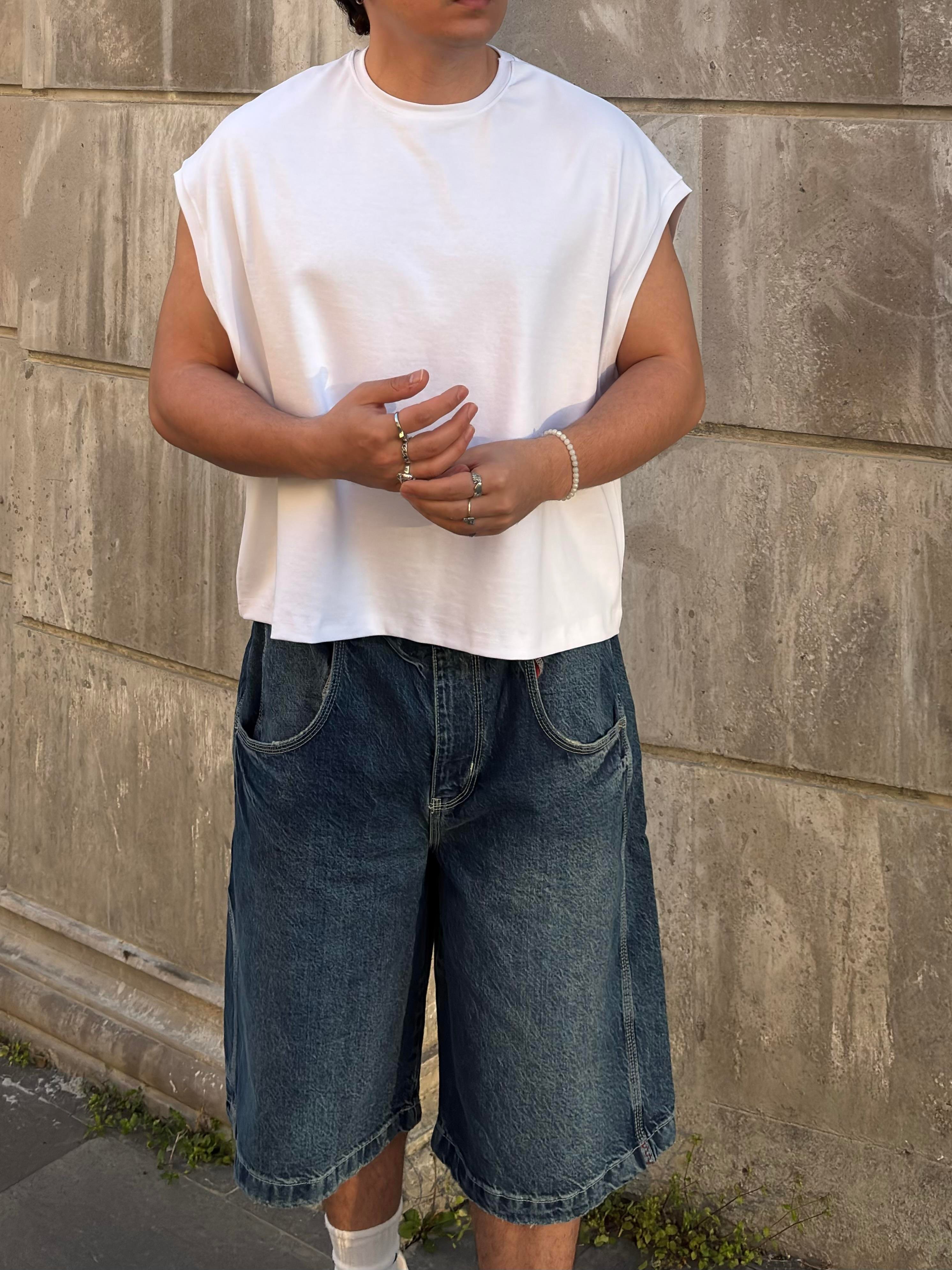 MW Premium Beyaz Special Structure Oversized Sıfır Kol T-shirt
