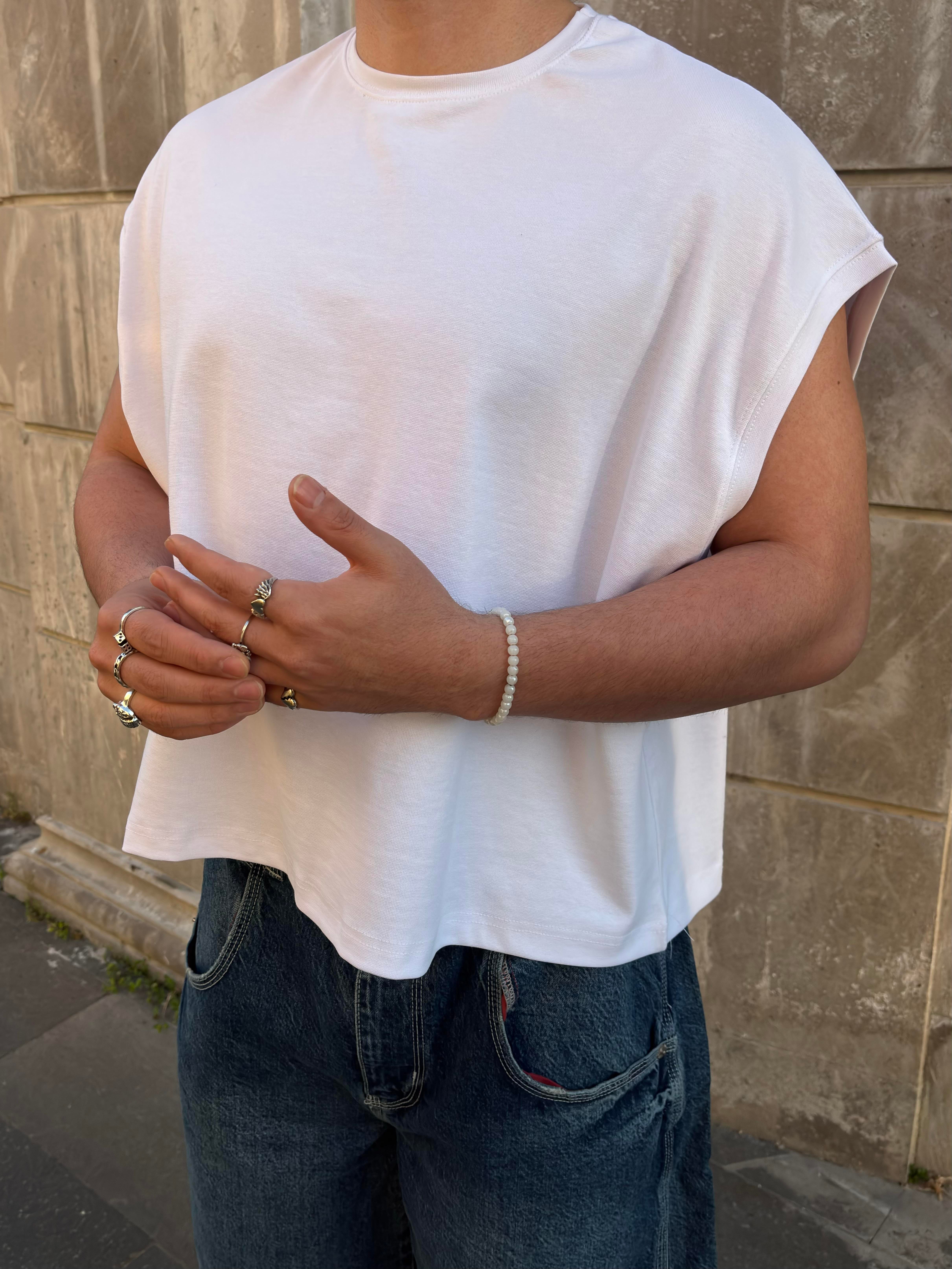 MW Premium Beyaz Special Structure Oversized Sıfır Kol T-shirt