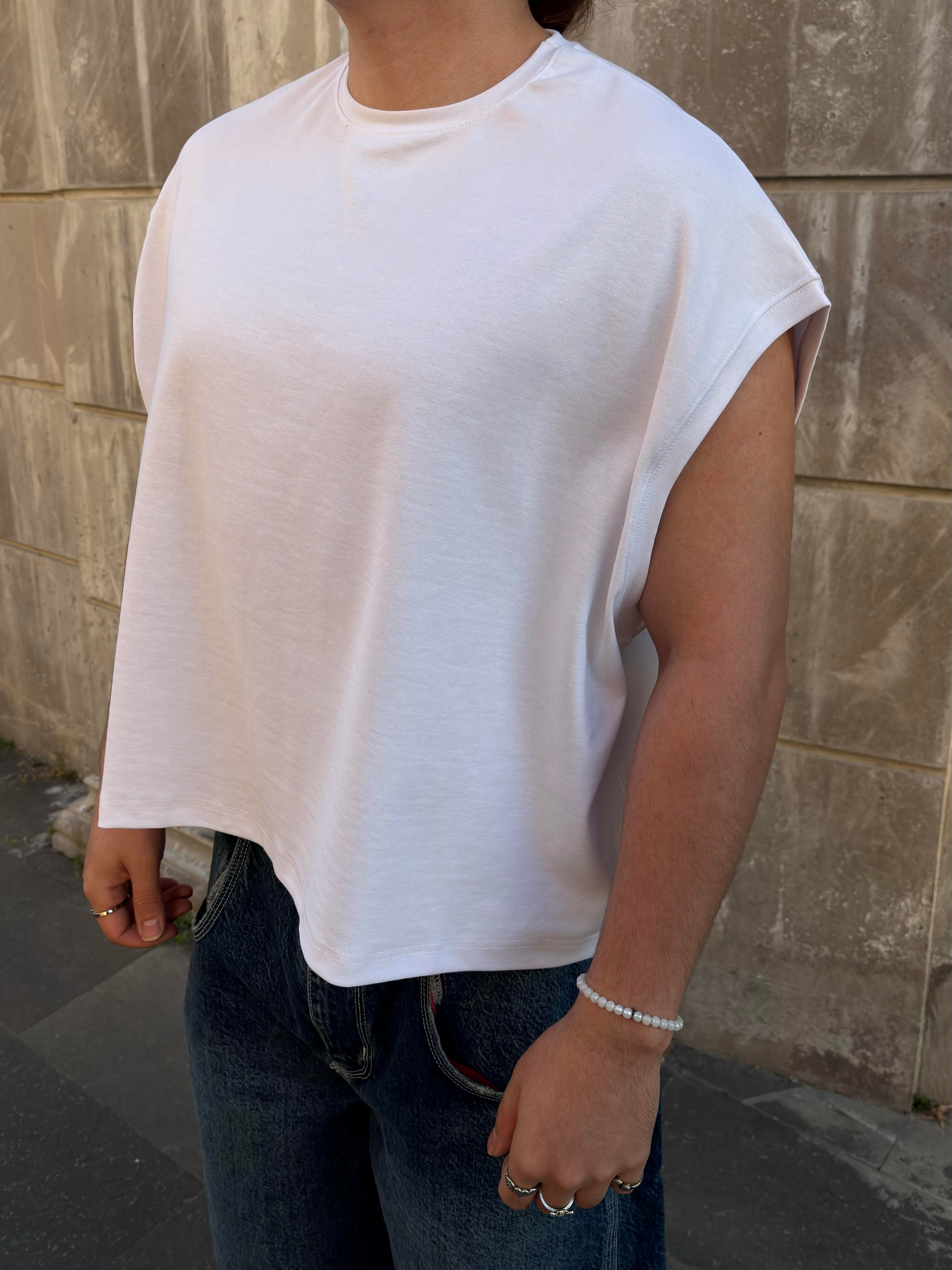 MW Premium Beyaz Special Structure Oversized Sıfır Kol T-shirt