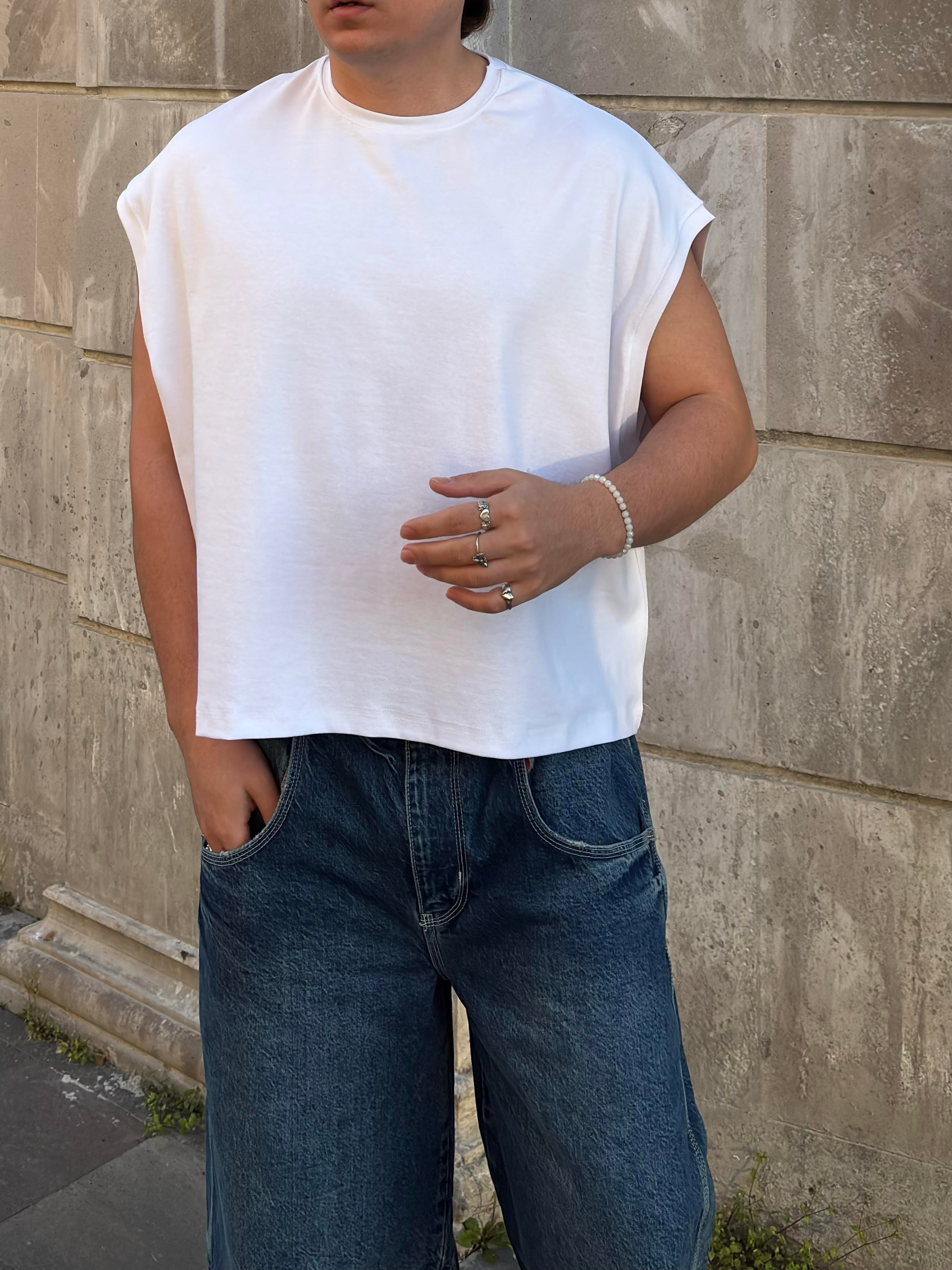 MW Premium Beyaz Special Structure Oversized Sıfır Kol T-shirt