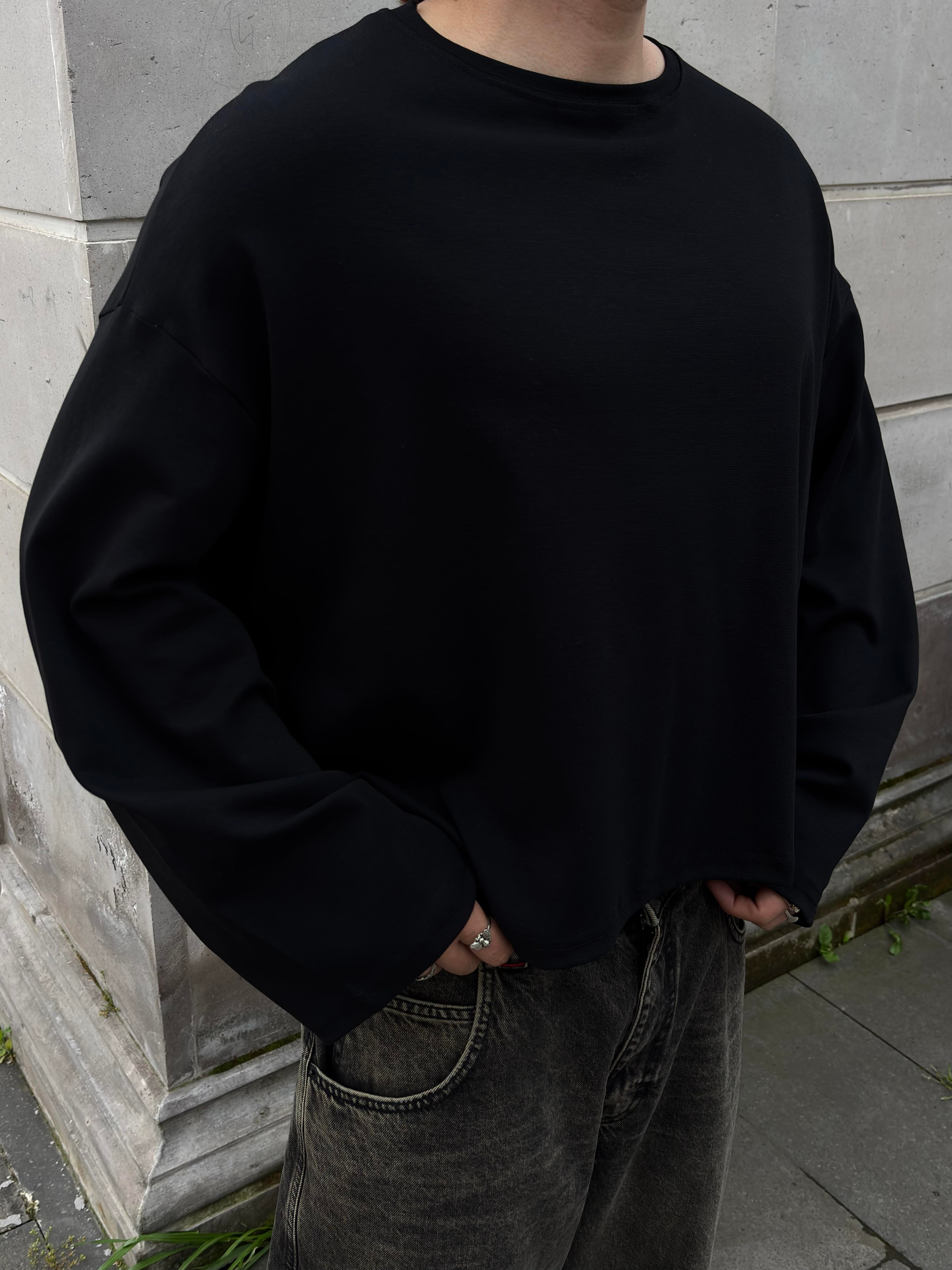 MW Premium Boxy Fit Black Uzun Kollu T-shirt