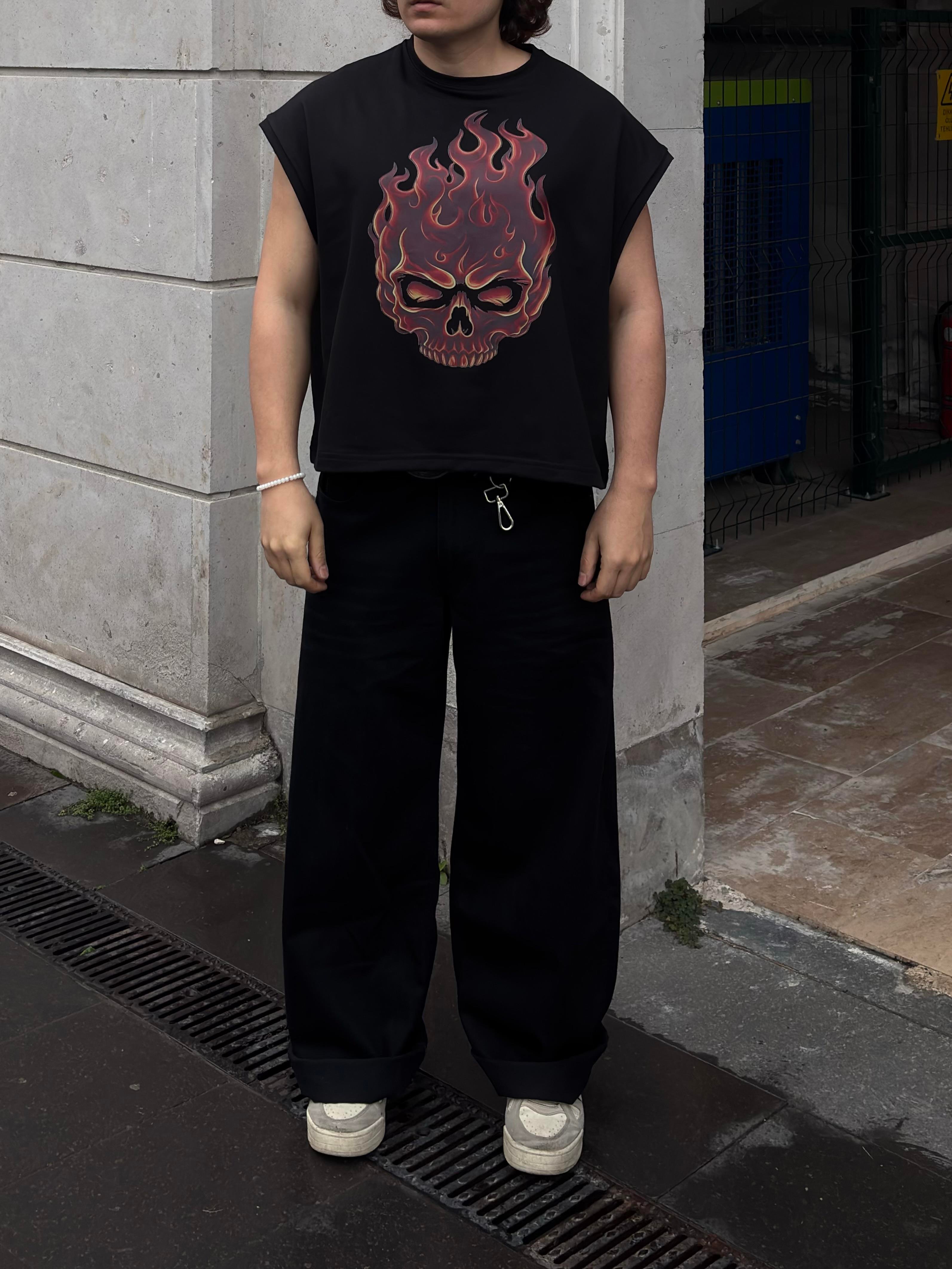 MW Premium Burn Skull Print Oversized Sıfır Kol T-shirt