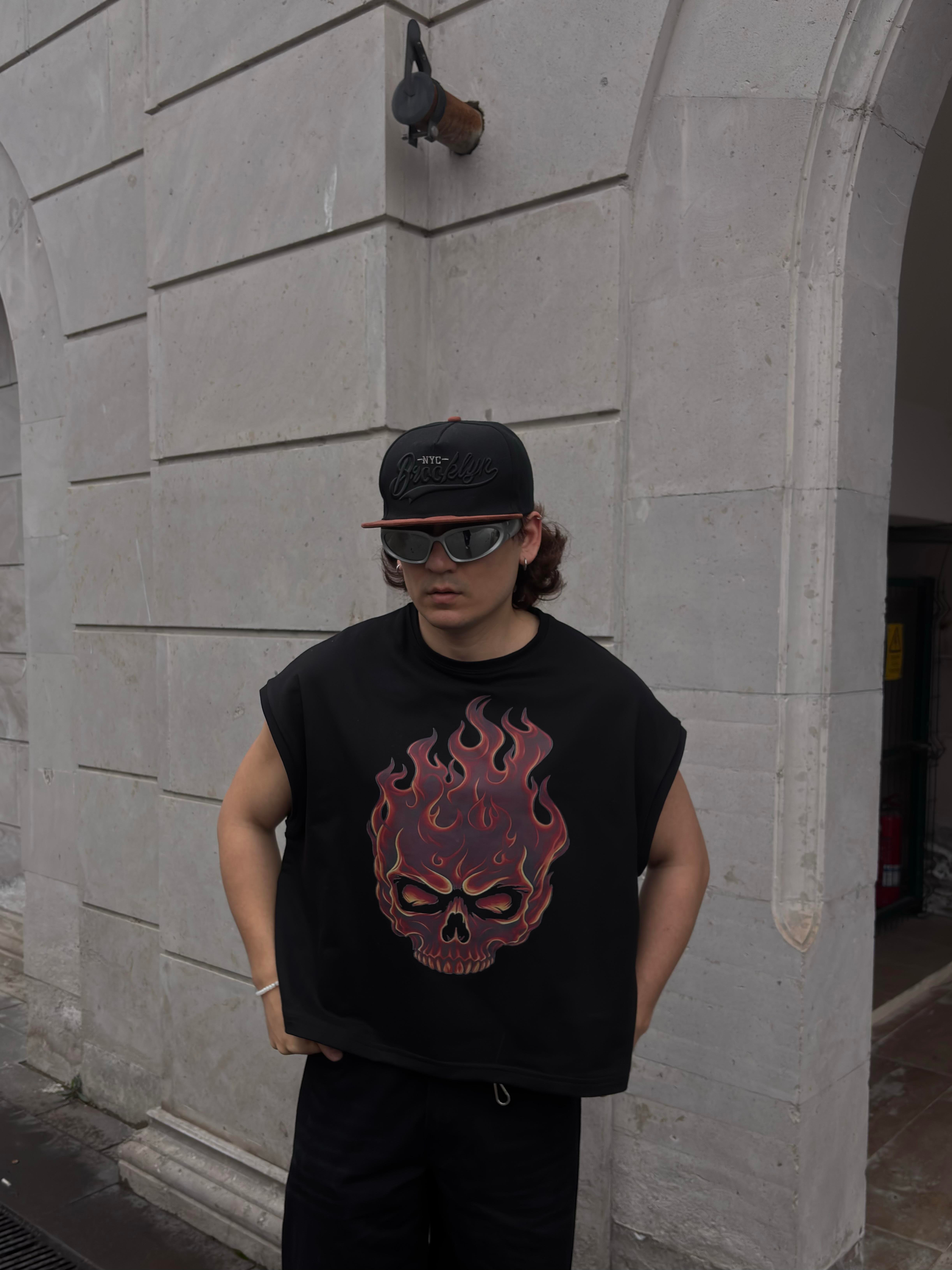 MW Premium Burn Skull Print Oversized Sıfır Kol T-shirt