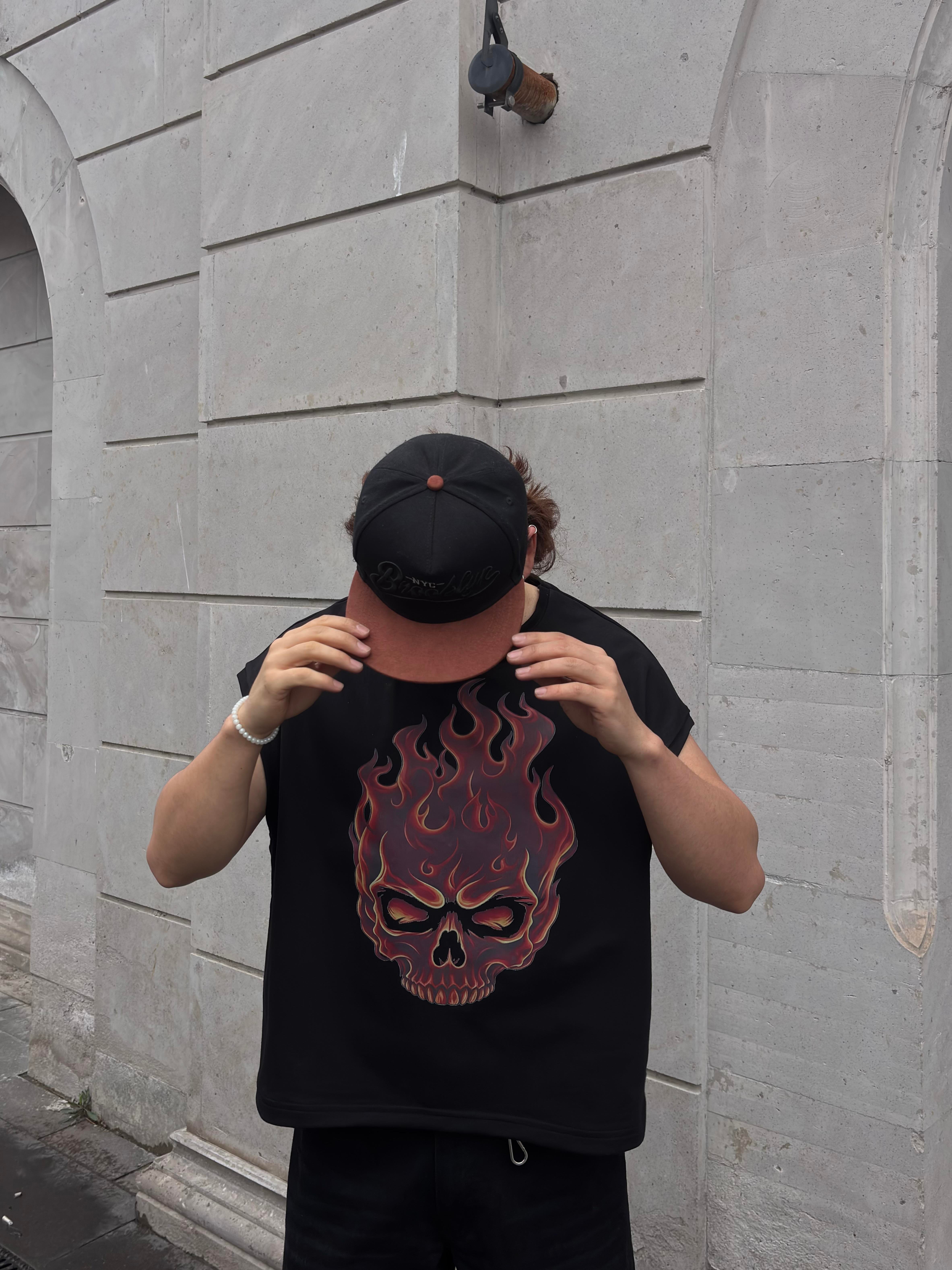 MW Premium Burn Skull Print Oversized Sıfır Kol T-shirt