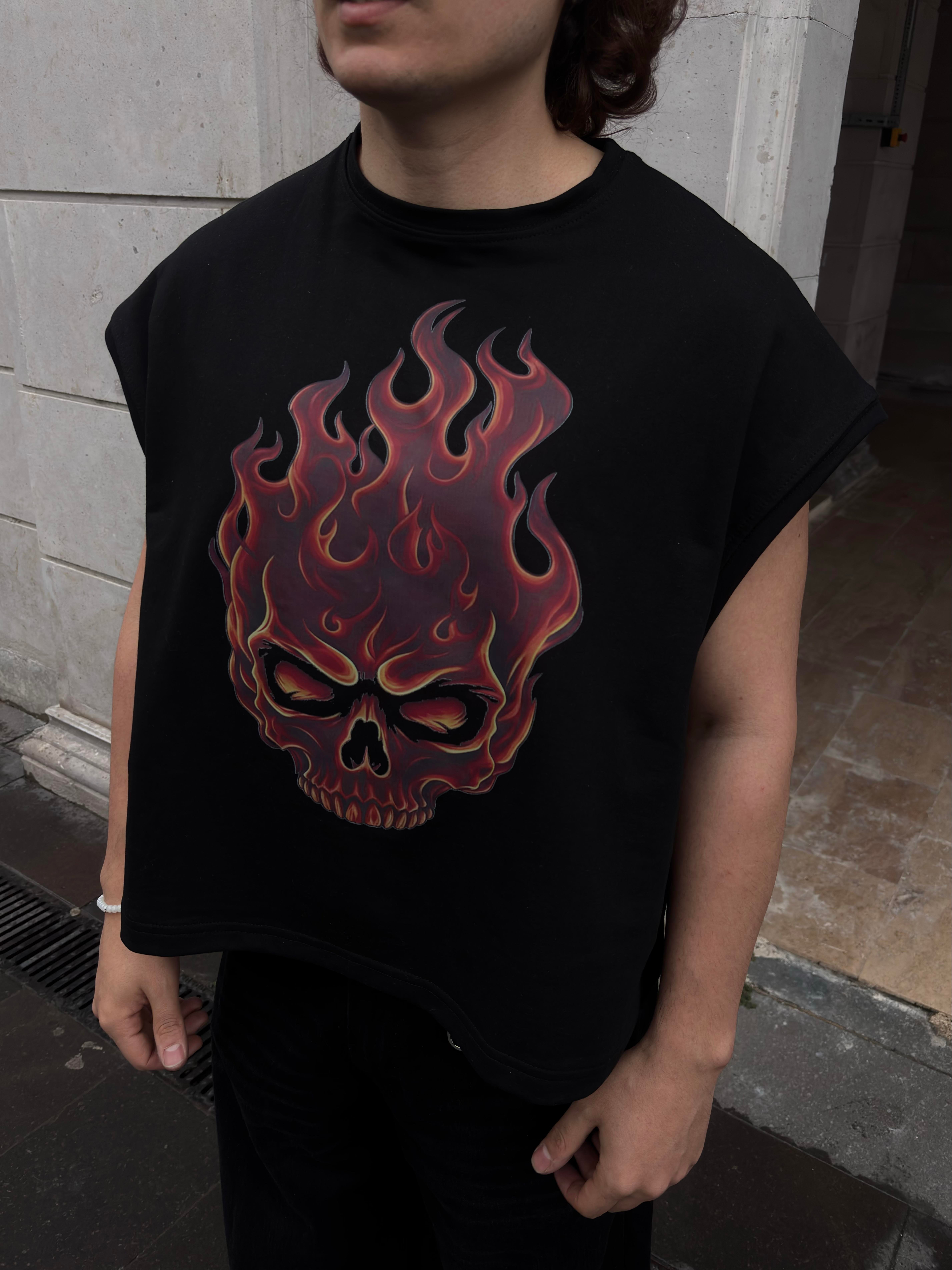 MW Premium Burn Skull Print Oversized Sıfır Kol T-shirt