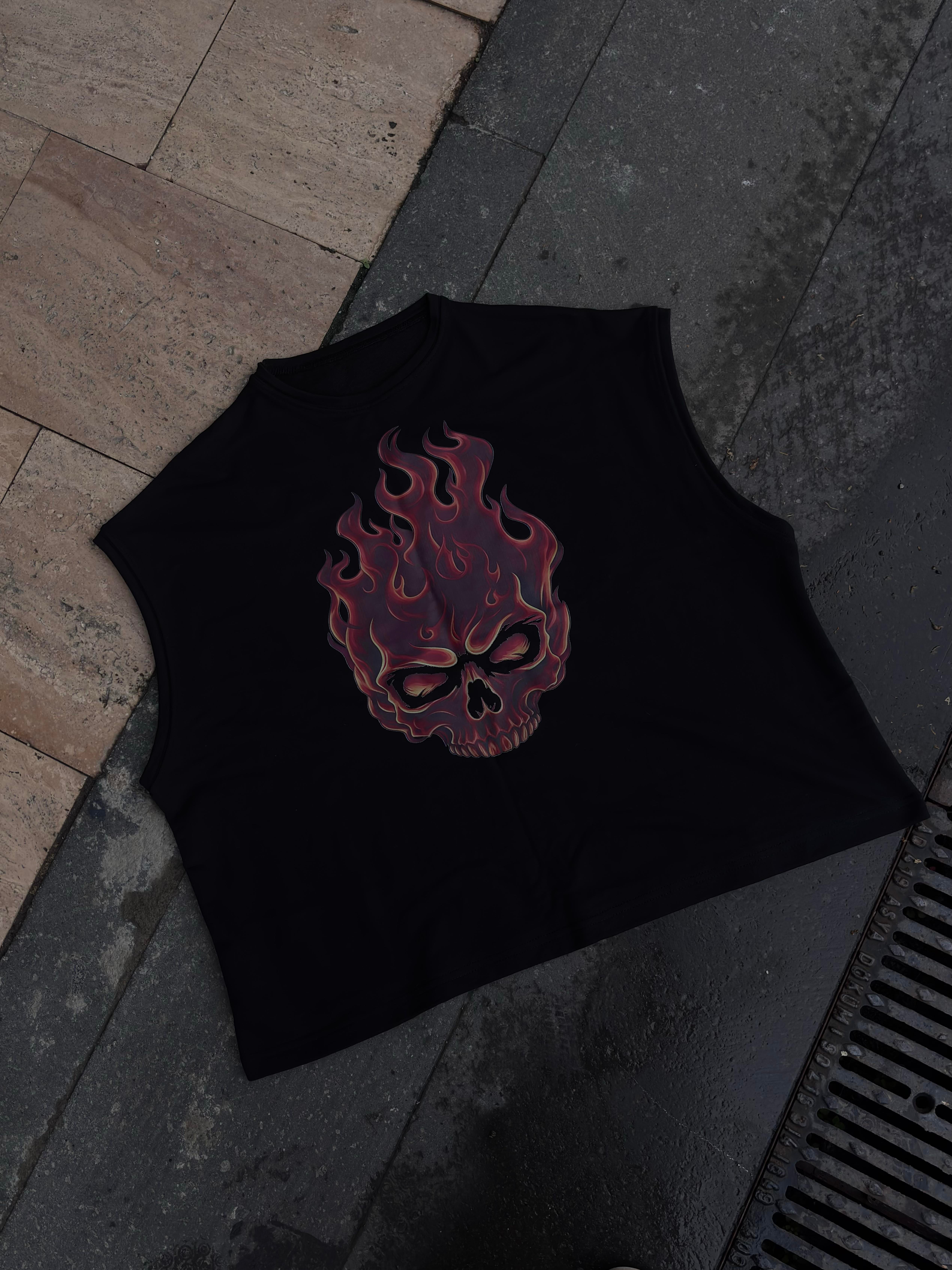 MW Premium Burn Skull Print Oversized Sıfır Kol T-shirt