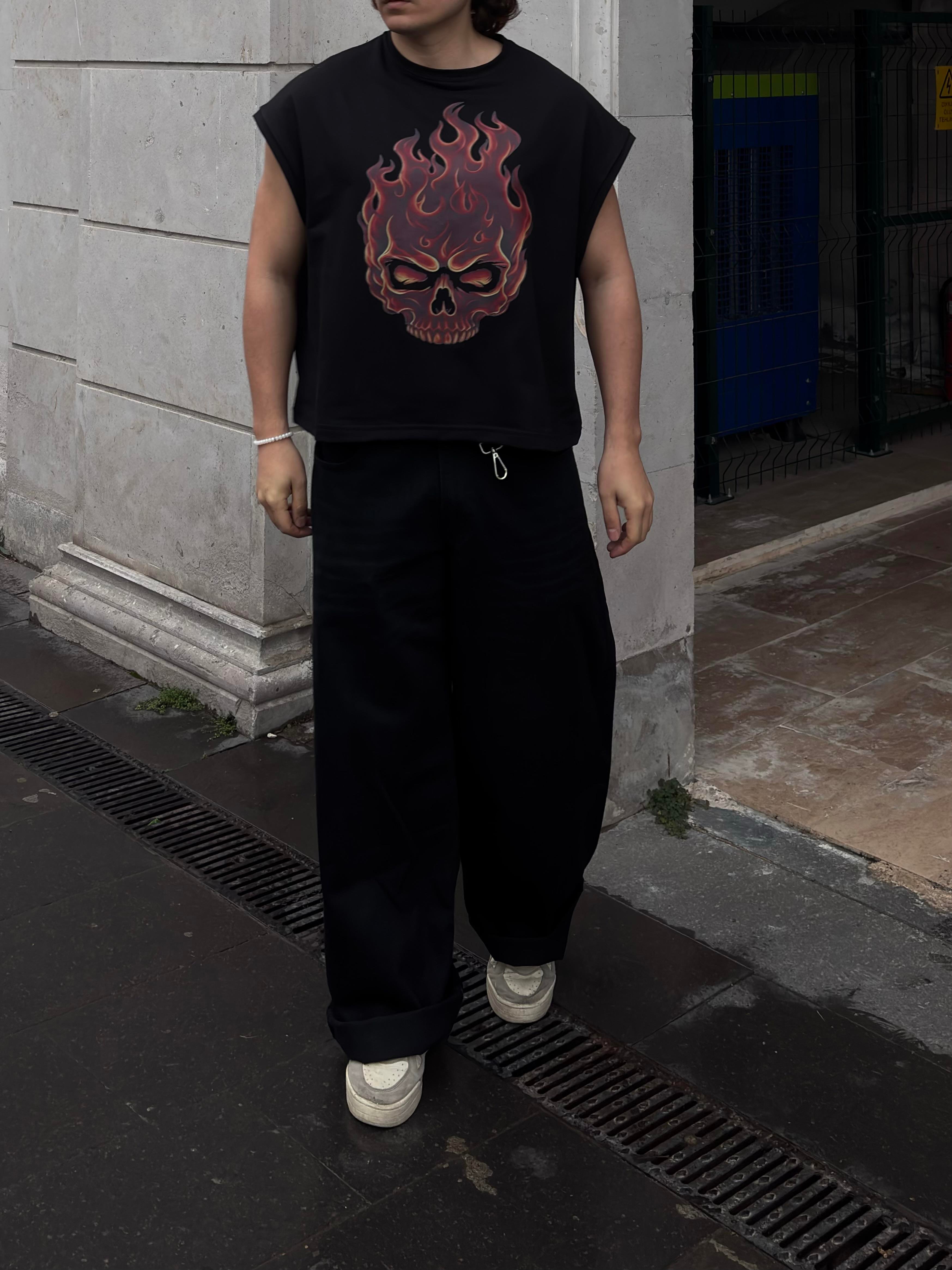 MW Premium Burn Skull Print Oversized Sıfır Kol T-shirt
