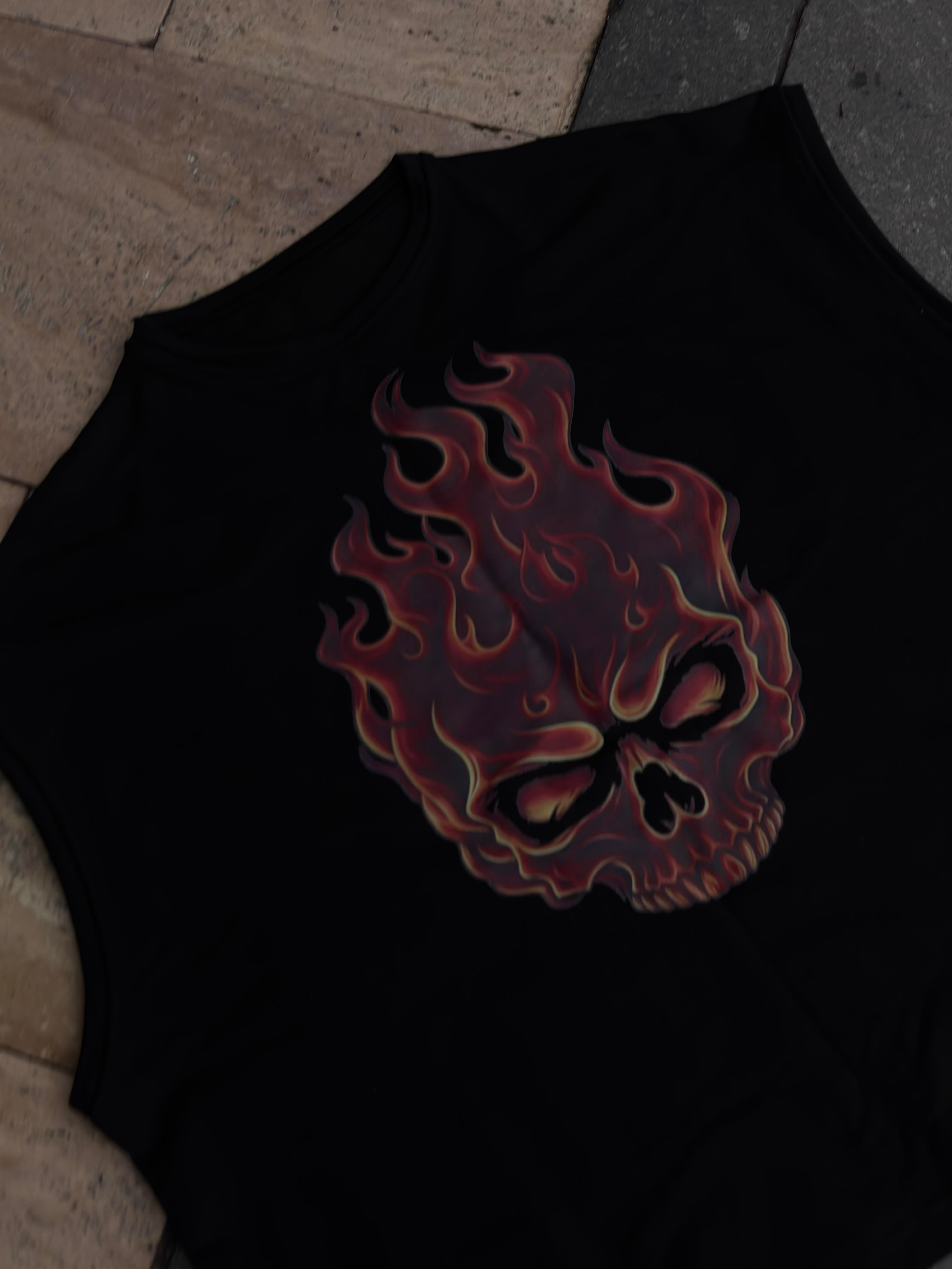 MW Premium Burn Skull Print Oversized Sıfır Kol T-shirt