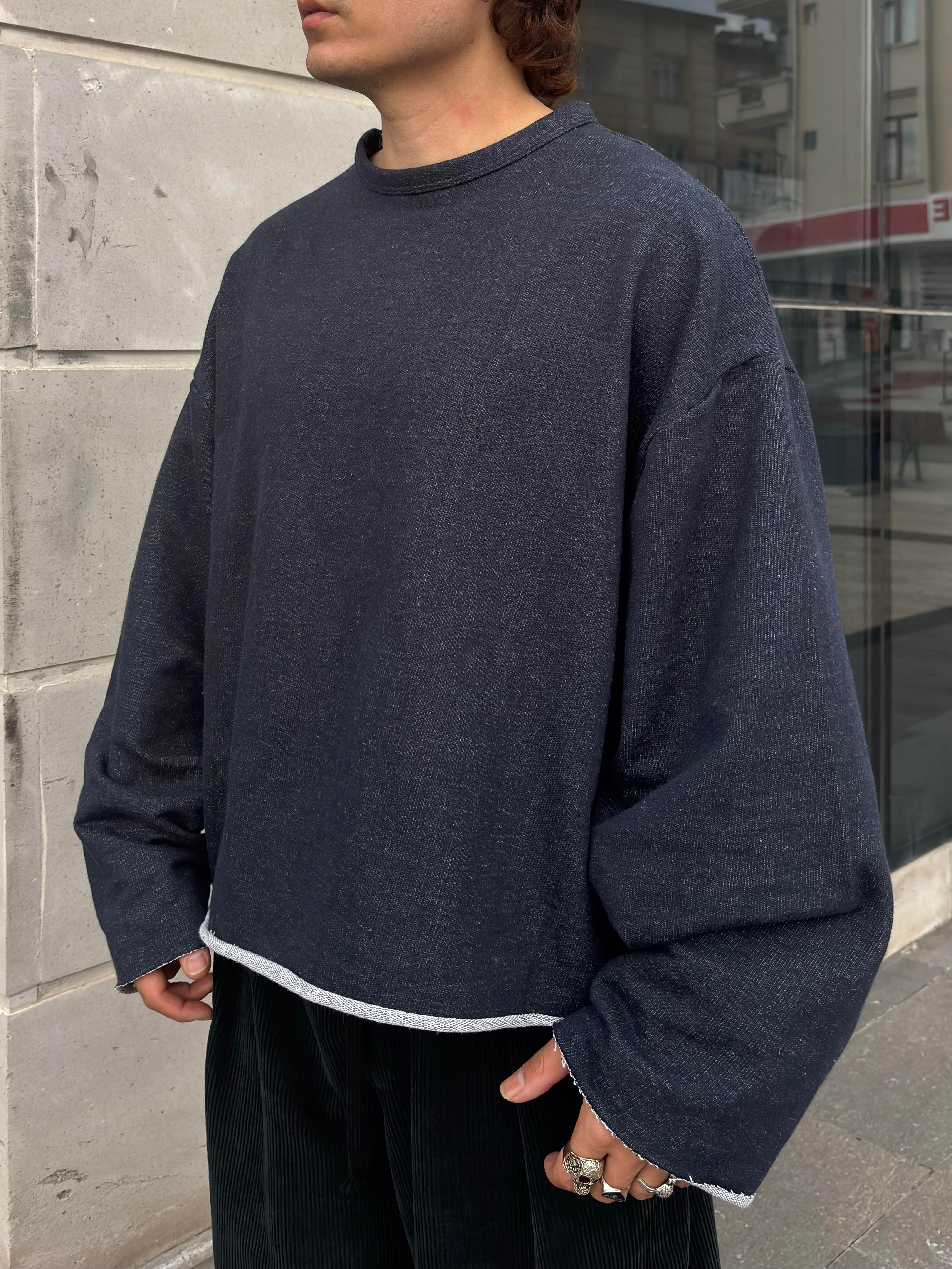 Navy Blue Boxy Fit Cut-Off Sweatshirt