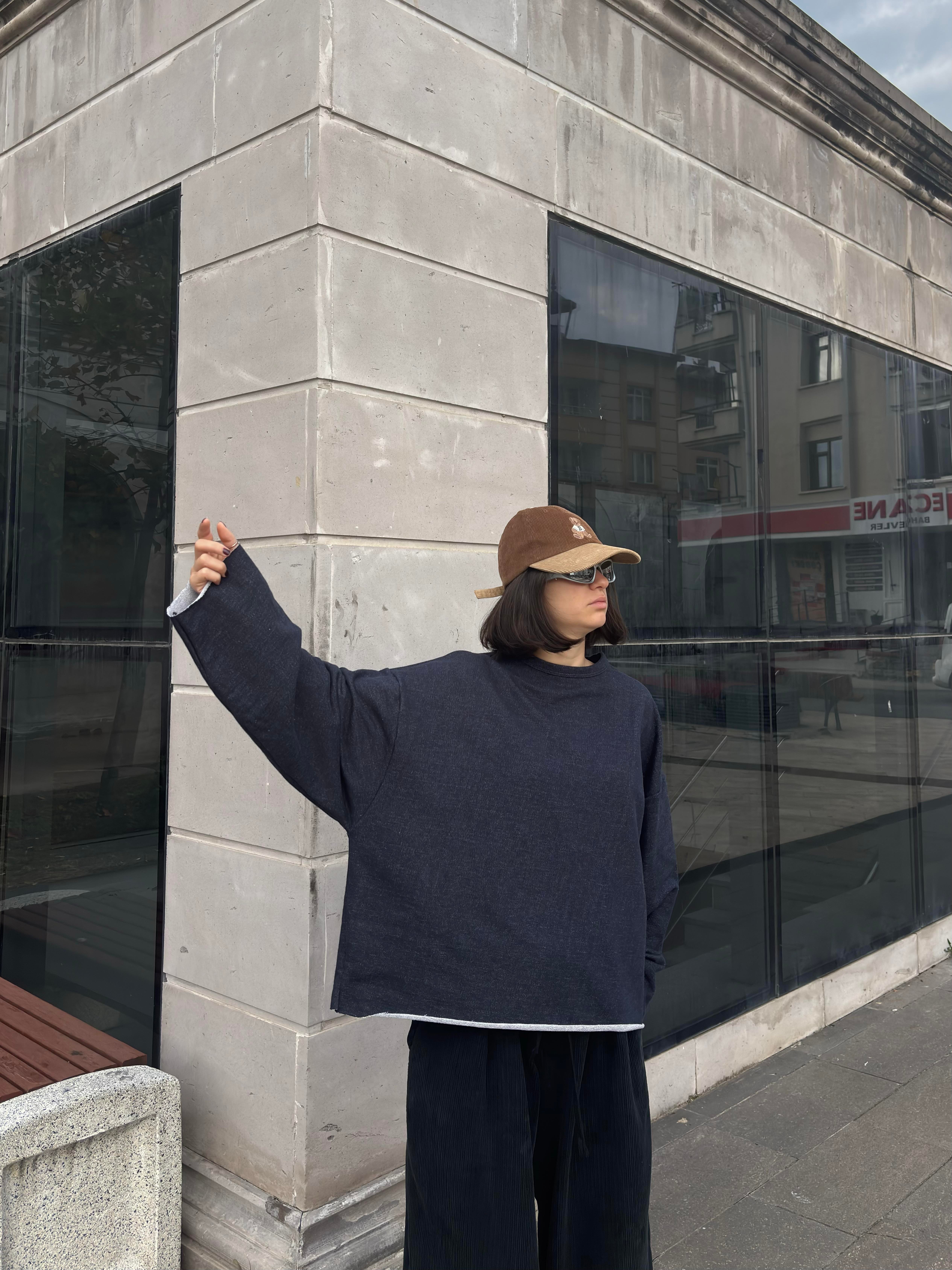 Navy Blue Boxy Fit Cut-Off Sweatshirt