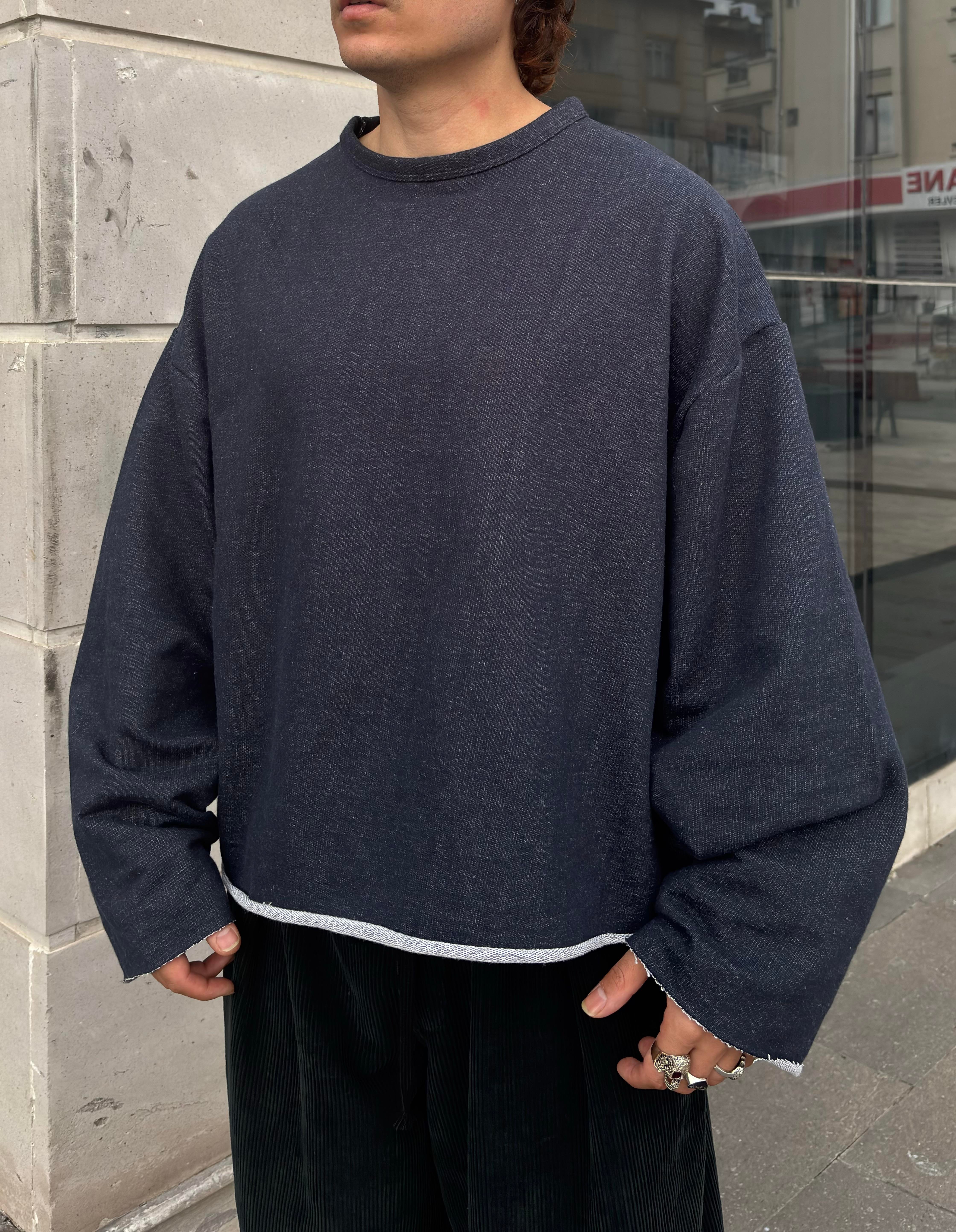 Navy Blue Boxy Fit Cut-Off Sweatshirt