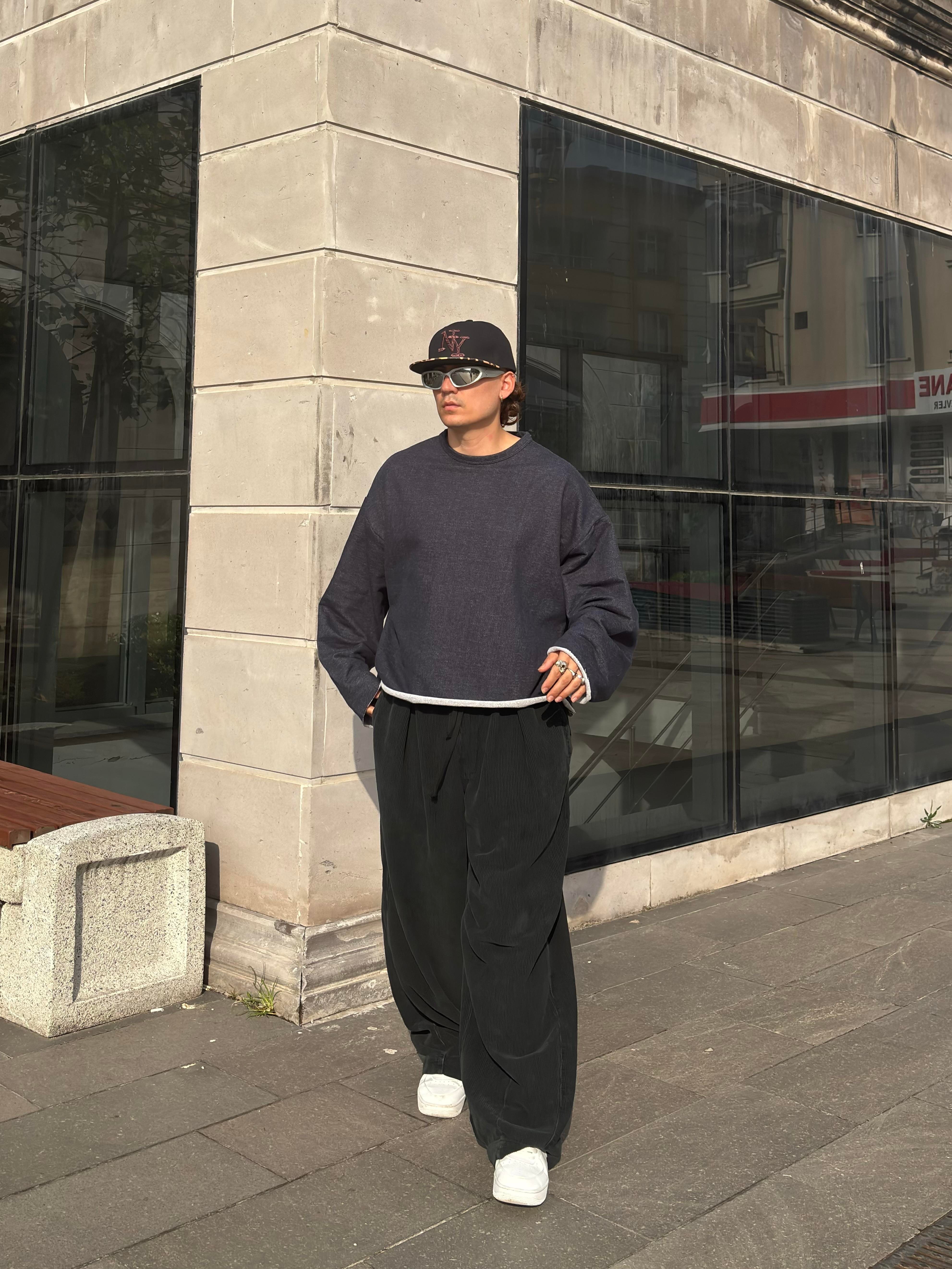 Navy Blue Boxy Fit Cut-Off Sweatshirt