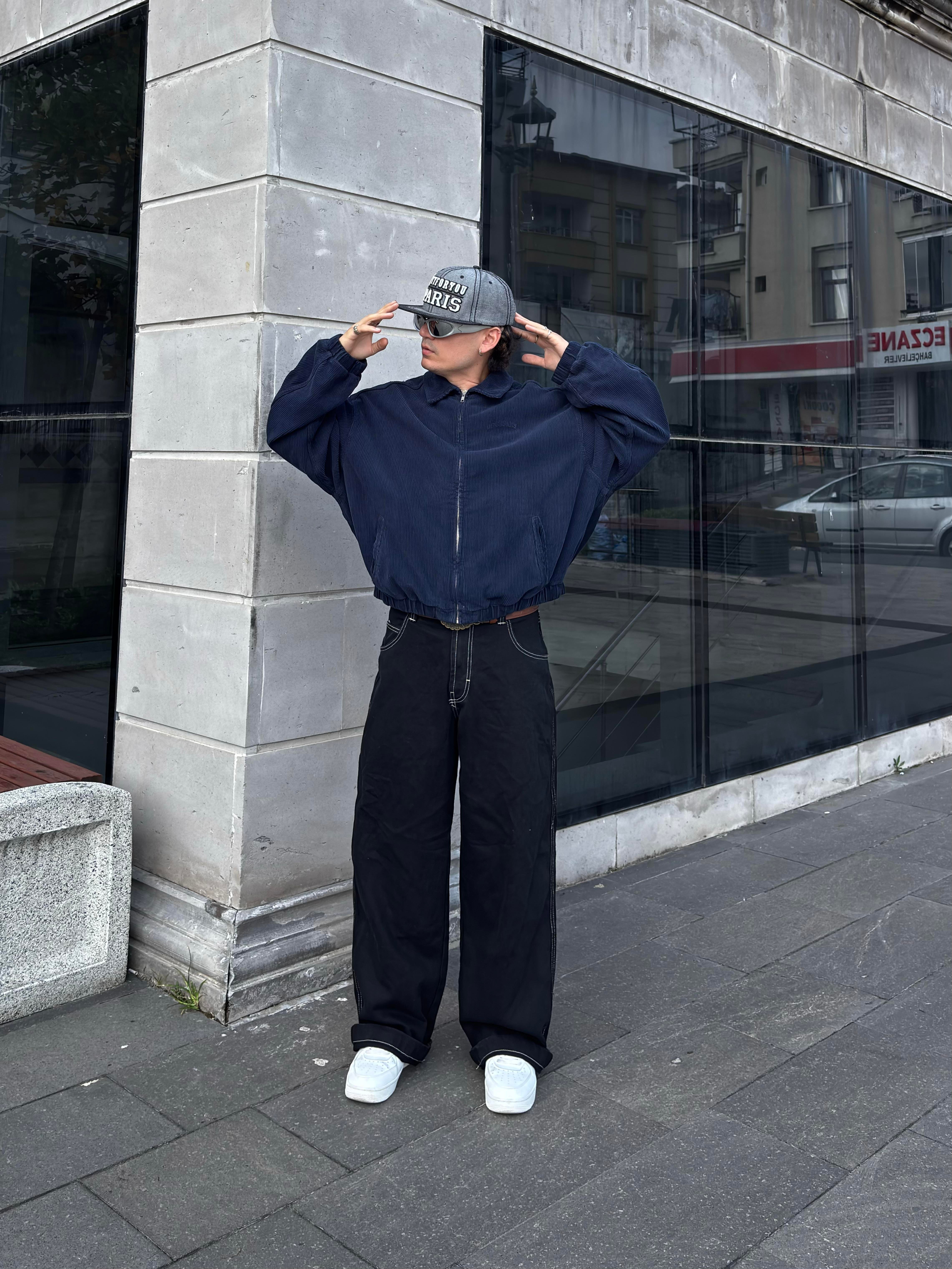 Navy Tone Harrington Kadife Boxy Fit Jacket
