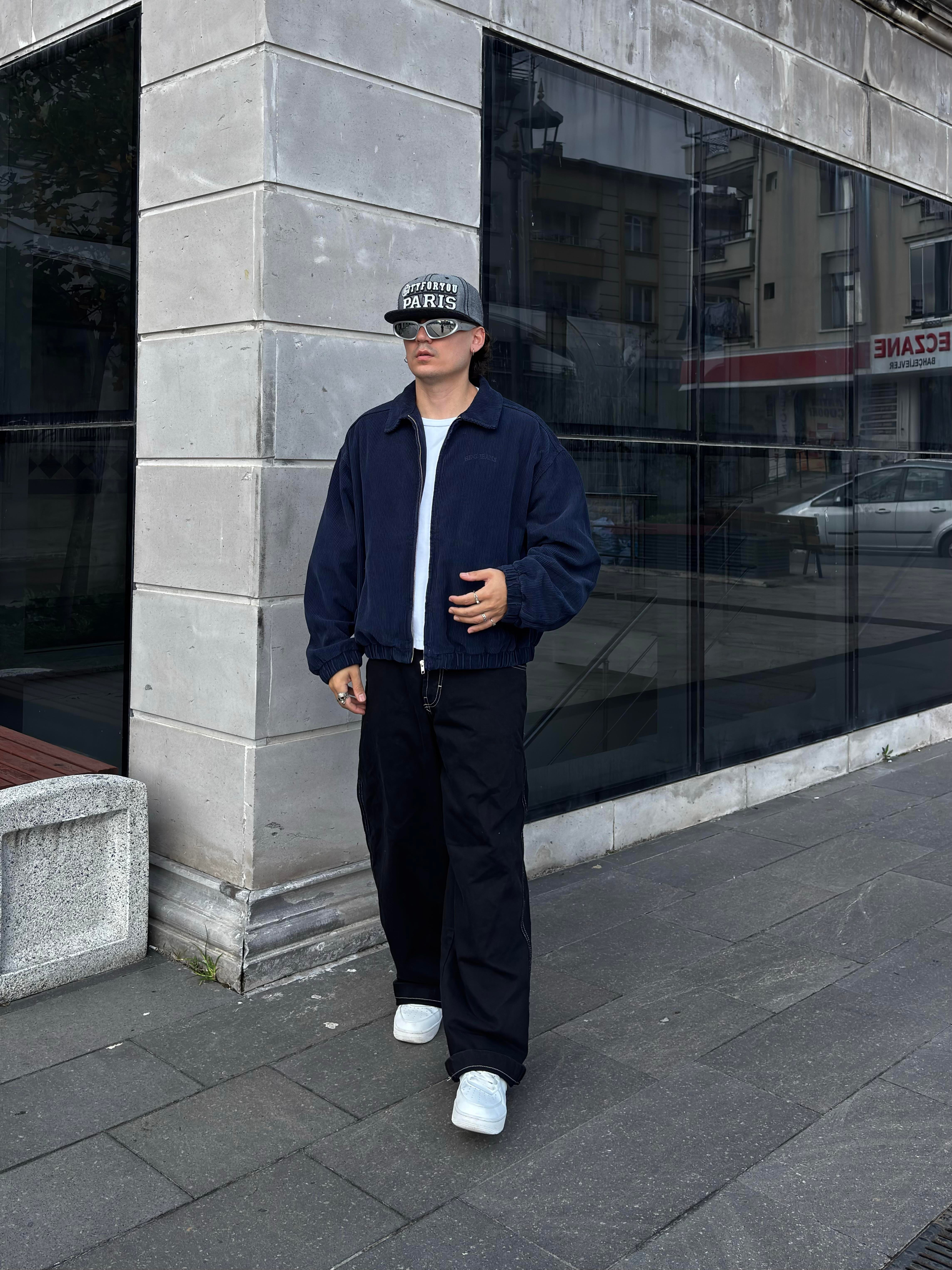 Navy Tone Harrington Kadife Boxy Fit Jacket