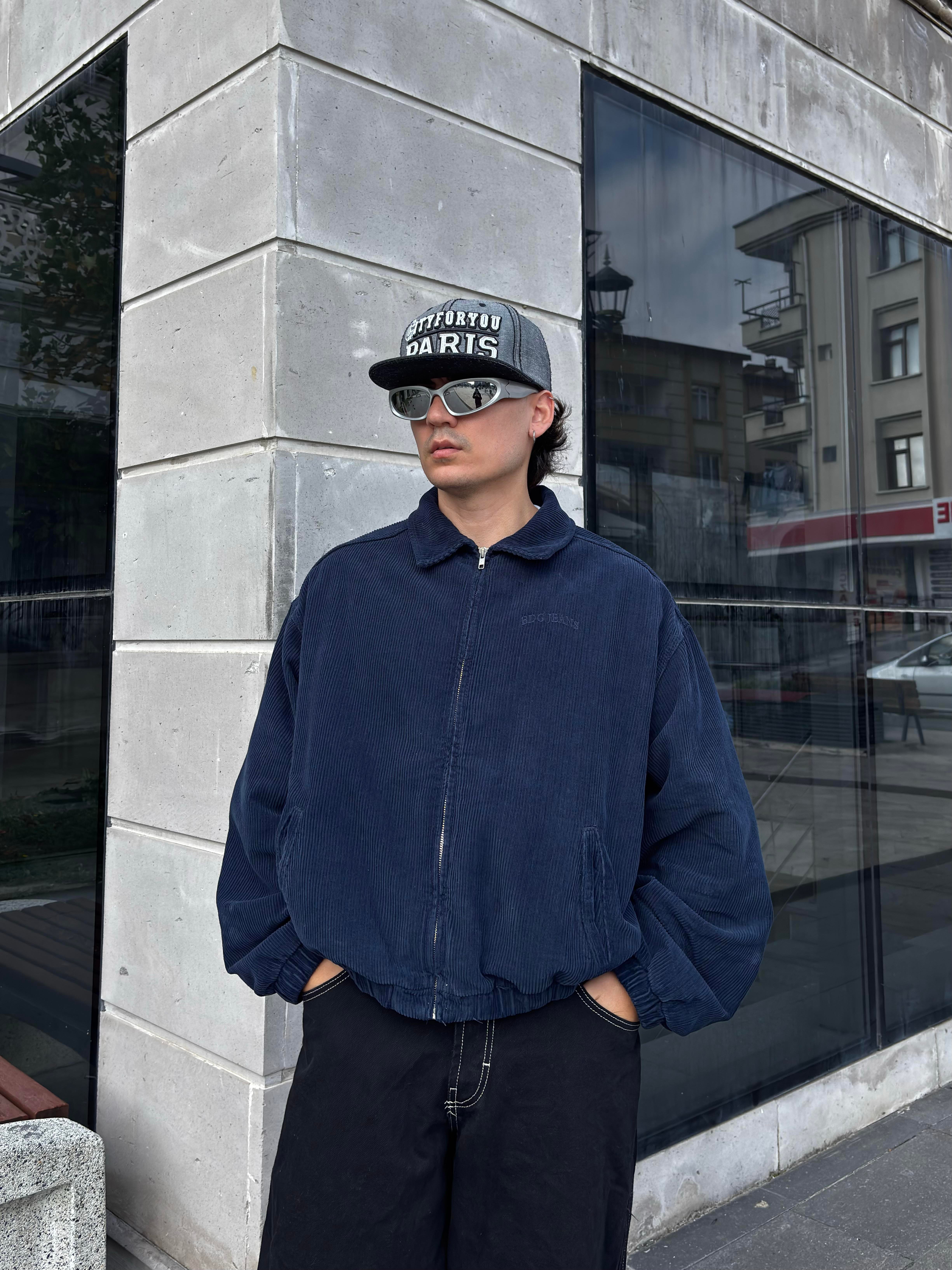 Navy Tone Harrington Kadife Boxy Fit Jacket