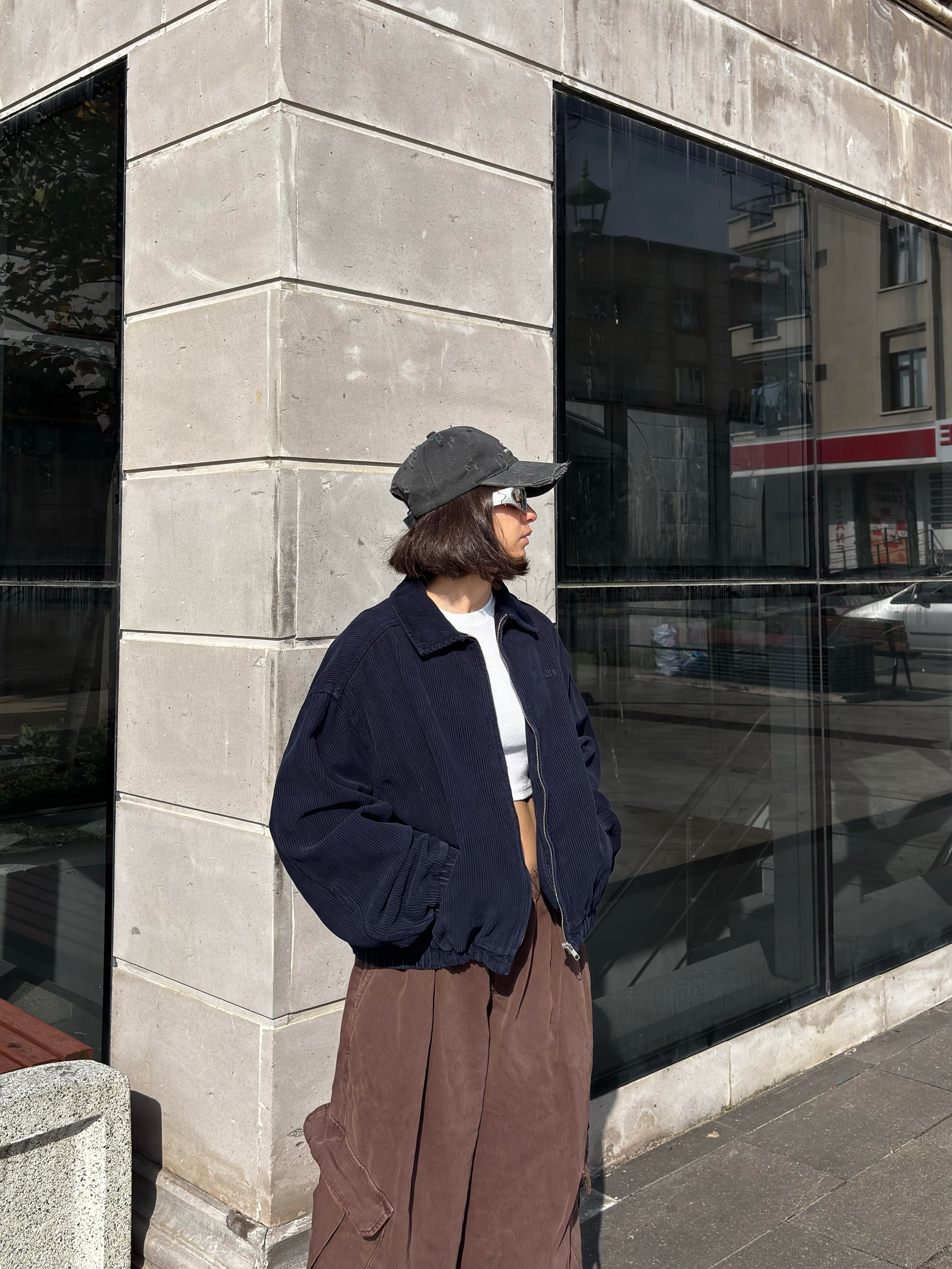 Navy Tone Harrington Kadife Boxy Fit Jacket