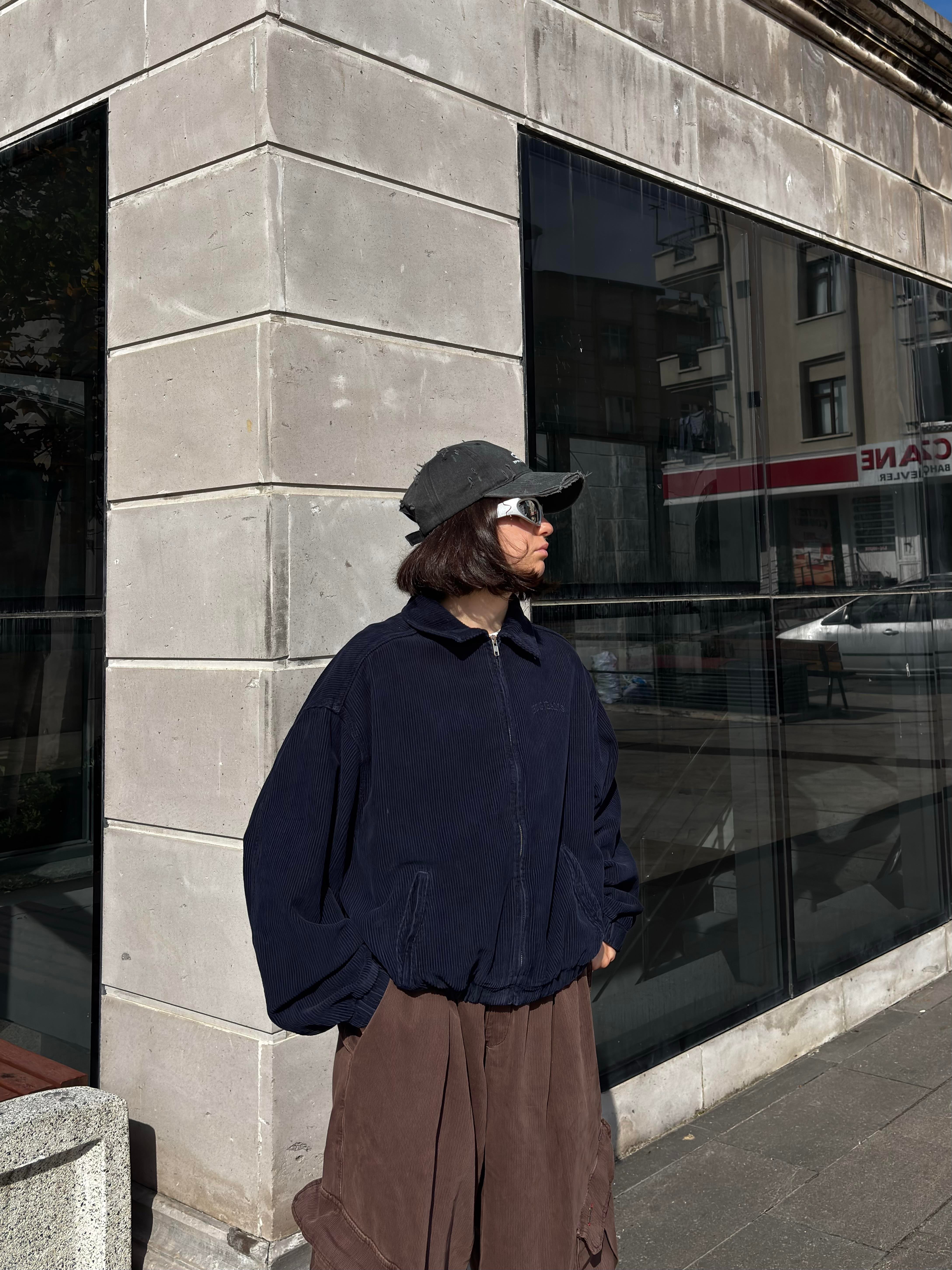 Navy Tone Harrington Kadife Boxy Fit Jacket