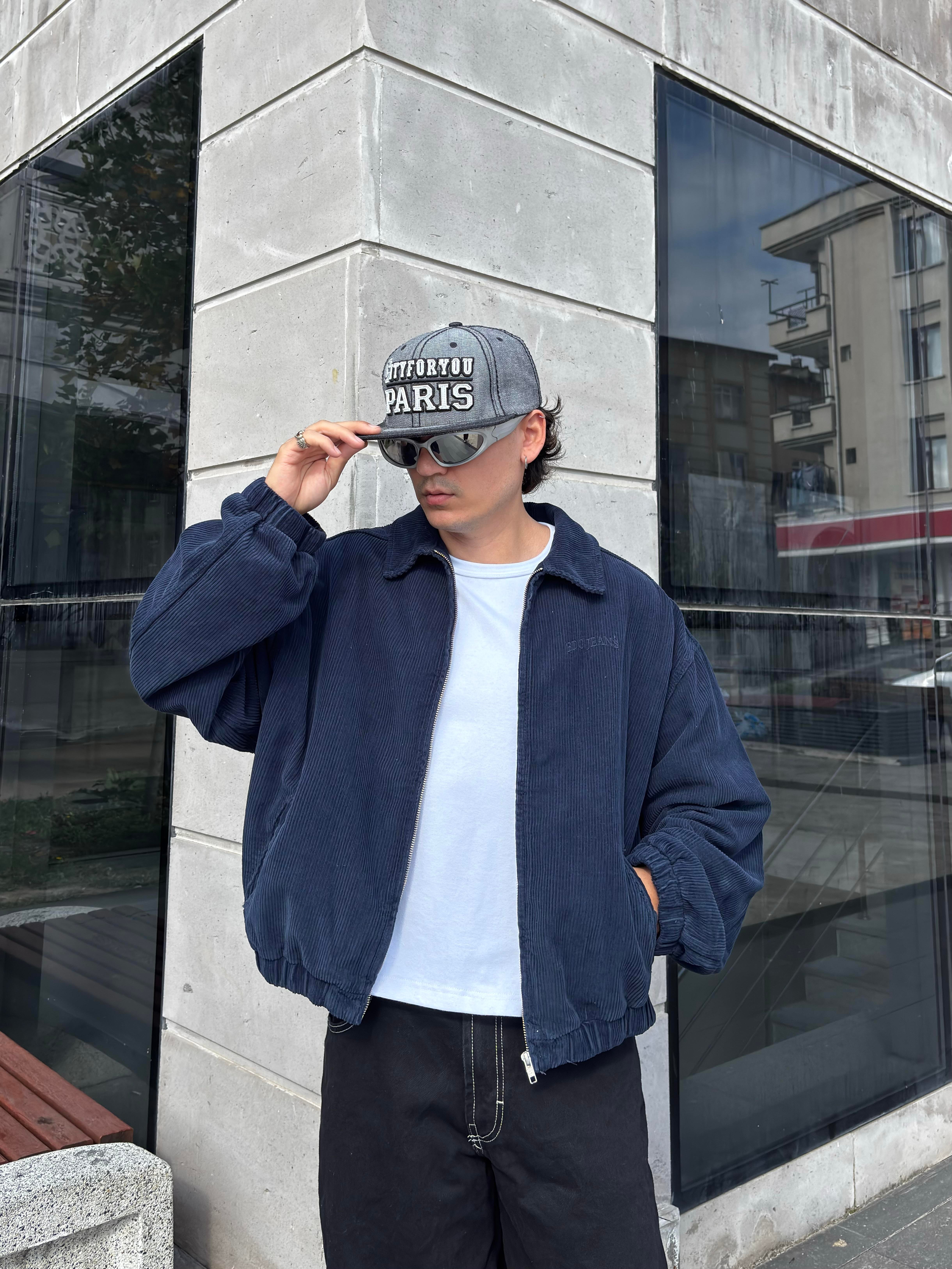 Navy Tone Harrington Kadife Boxy Fit Jacket