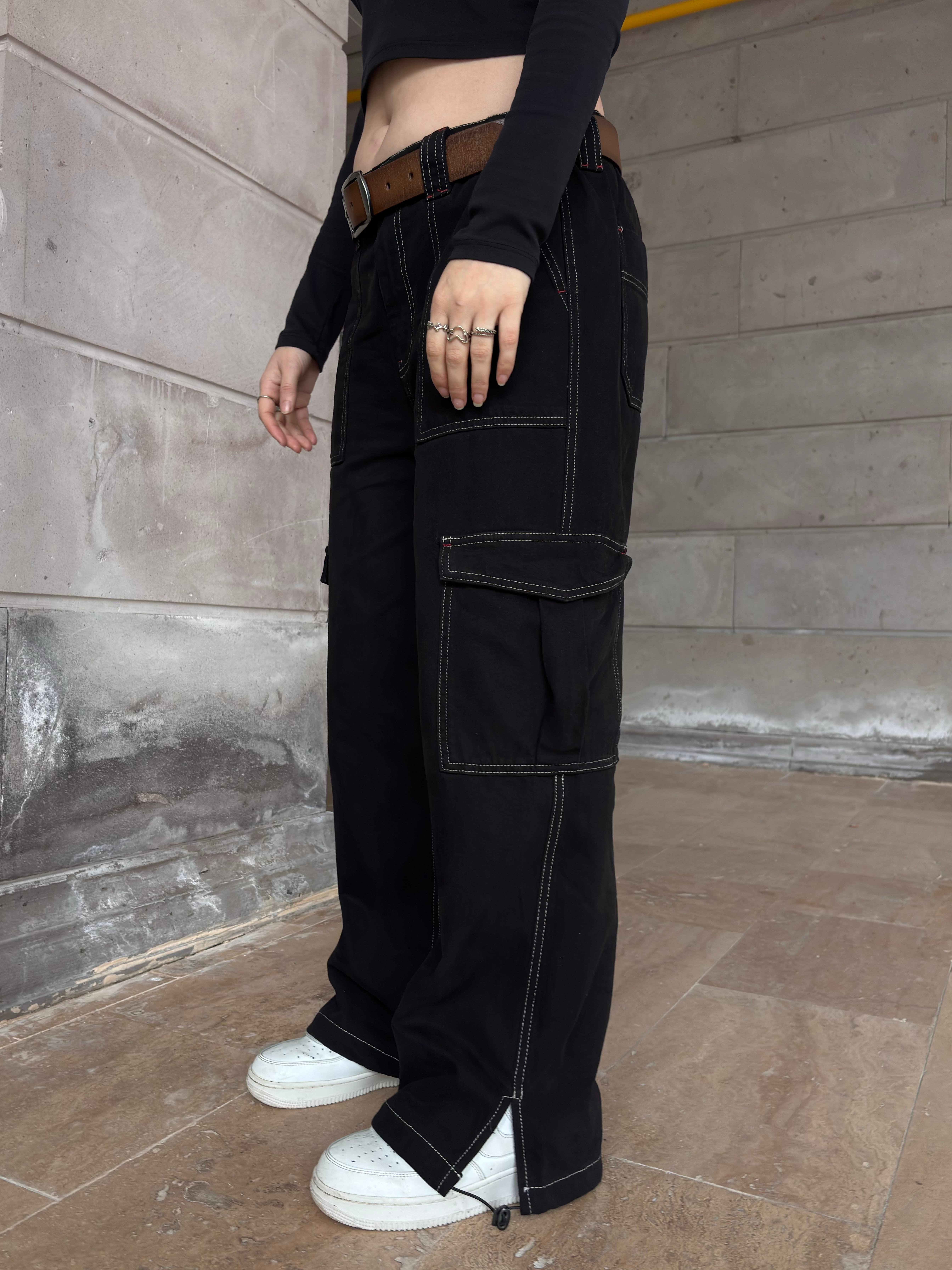 Neo Skate Siyah Kontrast Dikişli Baggy Cargo Jean
