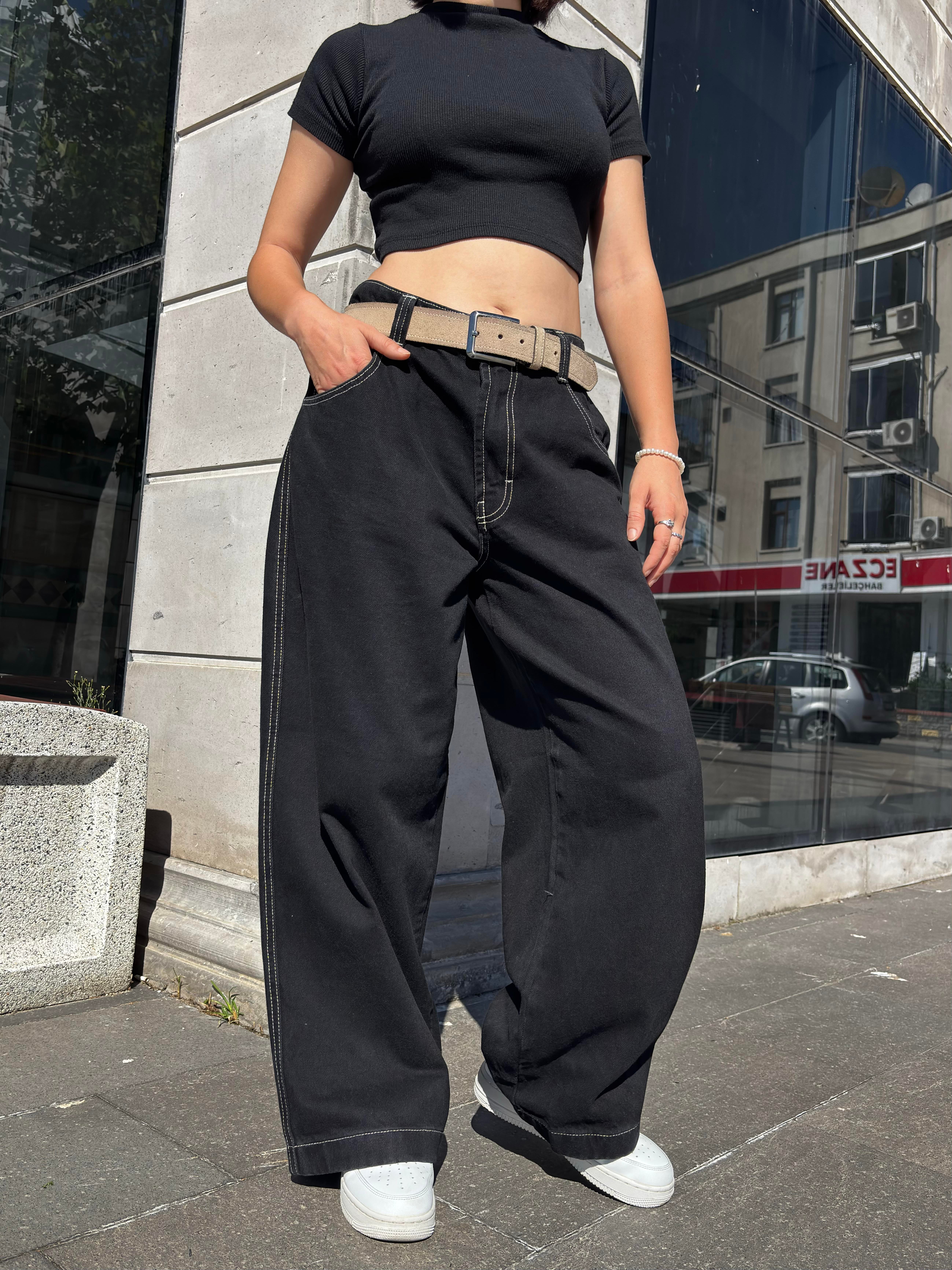 Neo Skate Siyah Kontrast Dikişli Baggy Jean