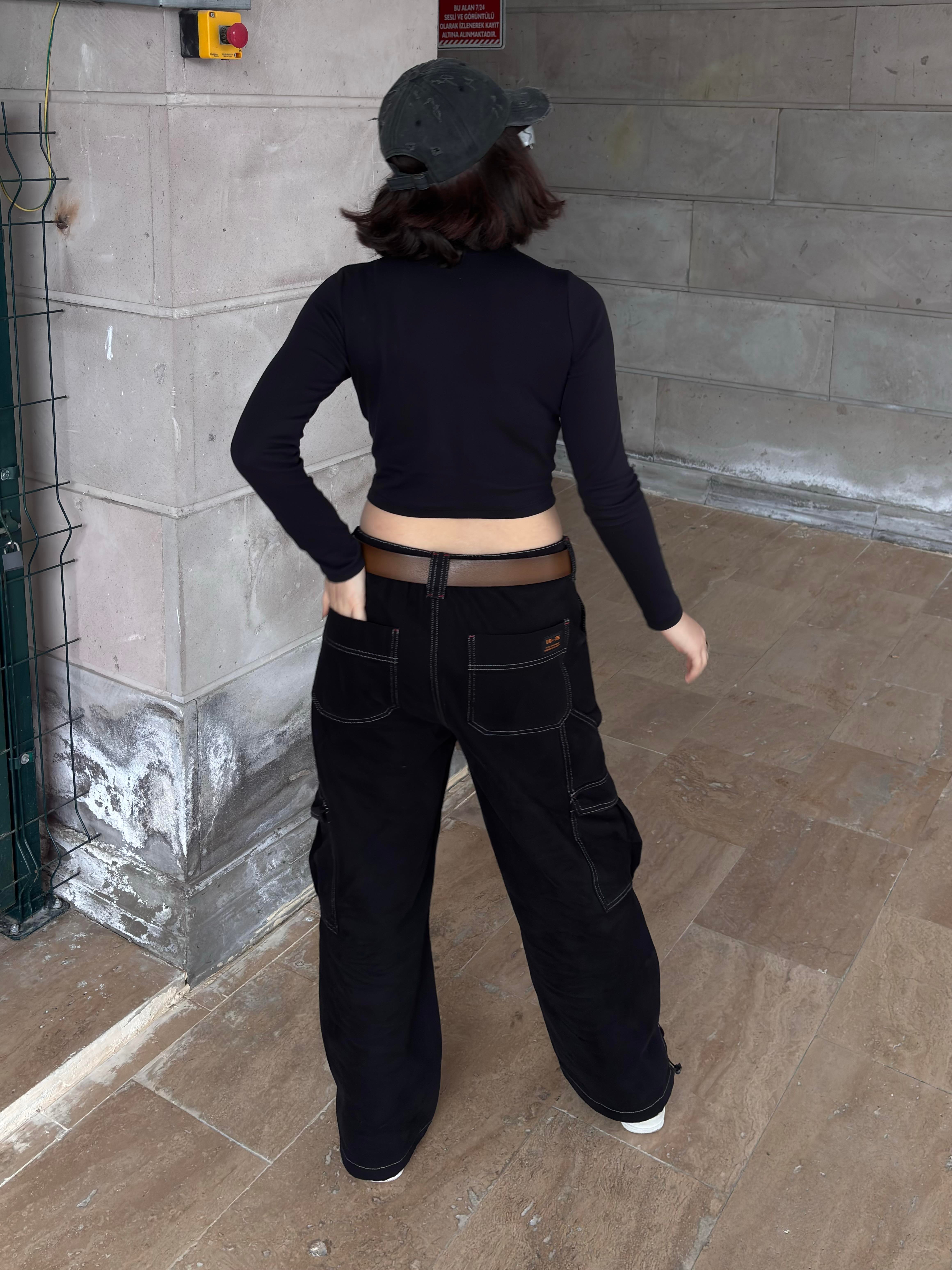 Neo Skate Siyah Kontrast Dikişli Baggy Cargo Jean