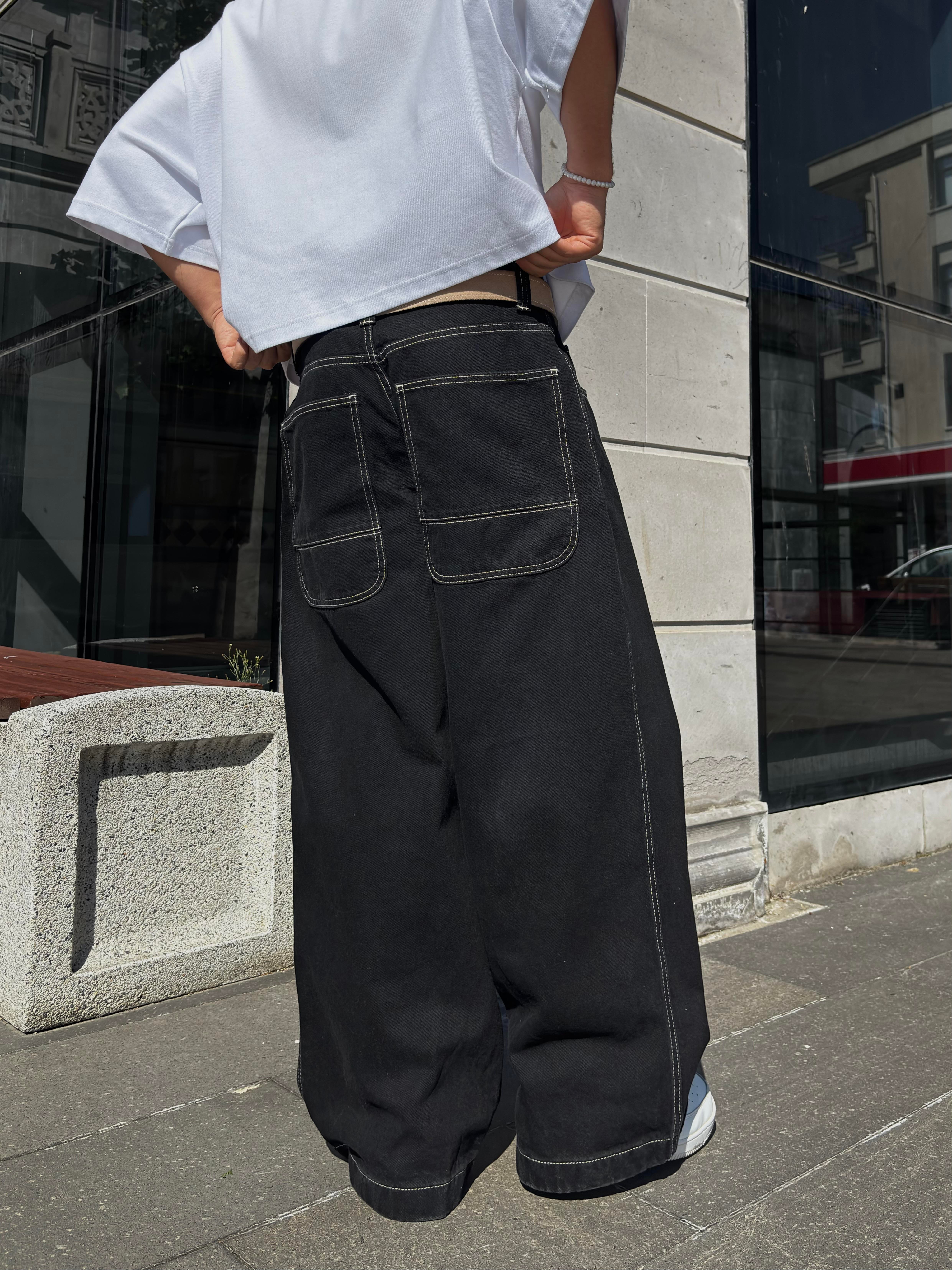 Neo Skate Siyah Kontrast Dikişli Baggy Jean