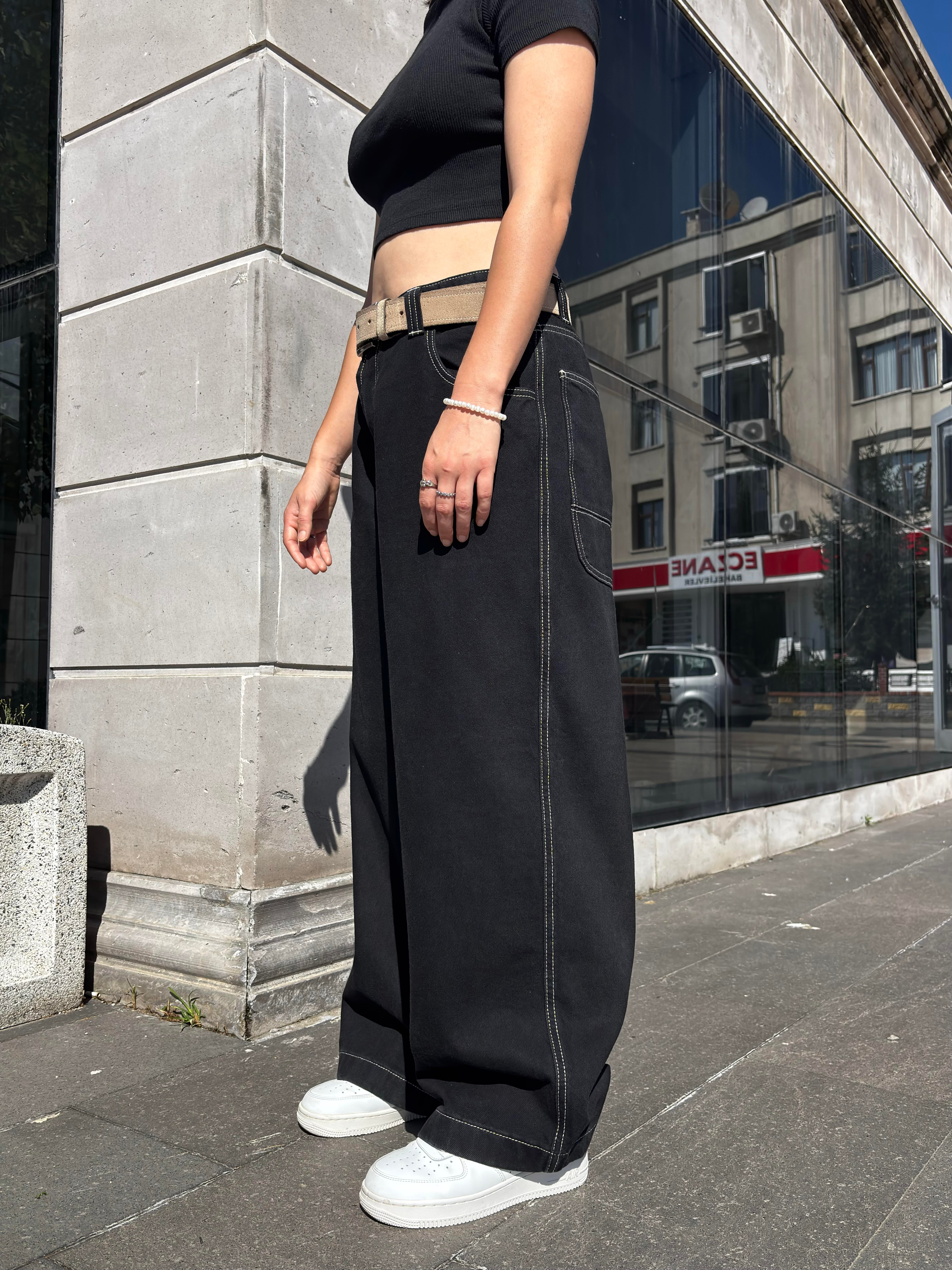 Neo Skate Siyah Kontrast Dikişli Baggy Jean