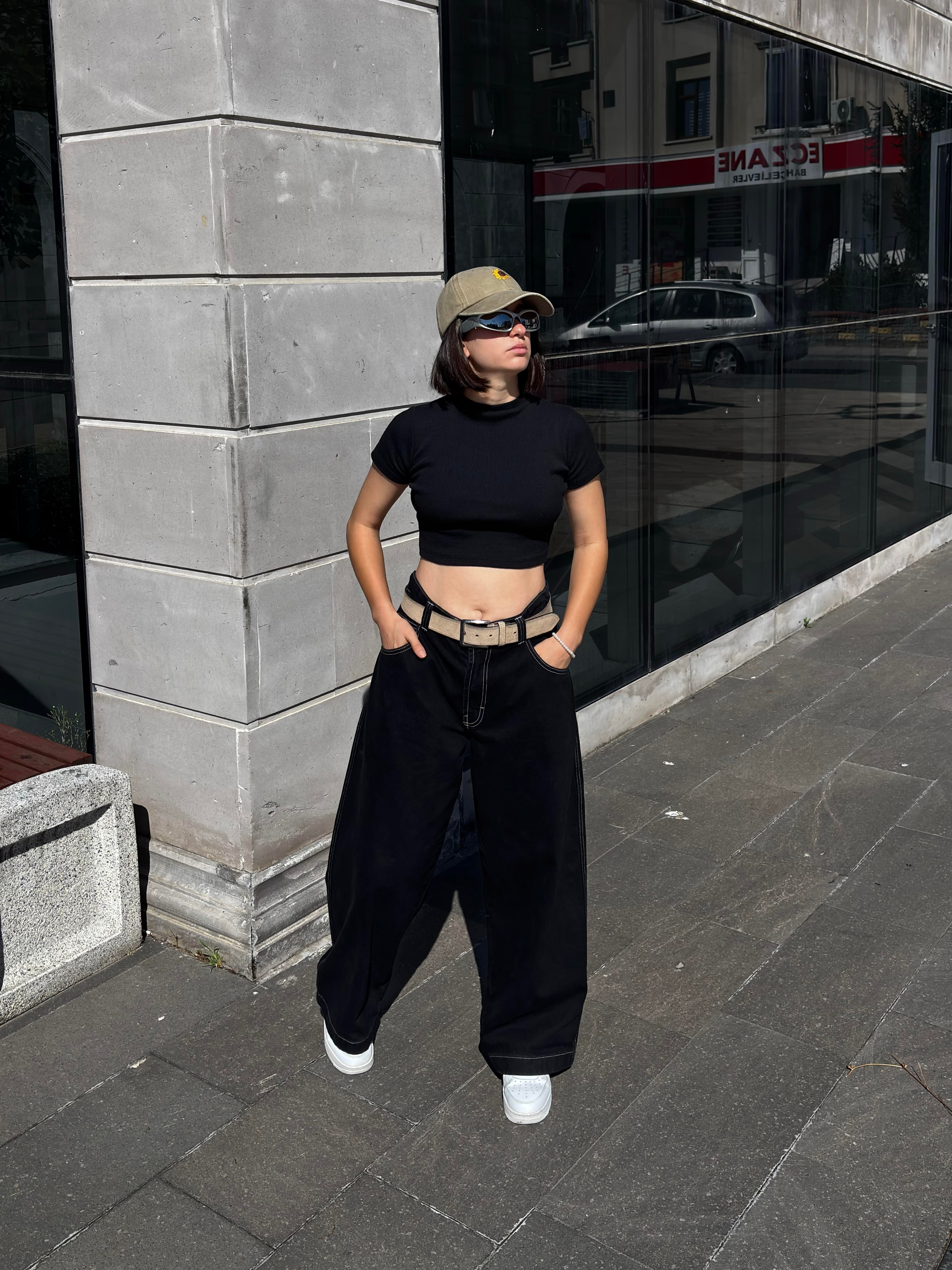 Neo Skate Siyah Kontrast Dikişli Baggy Jean