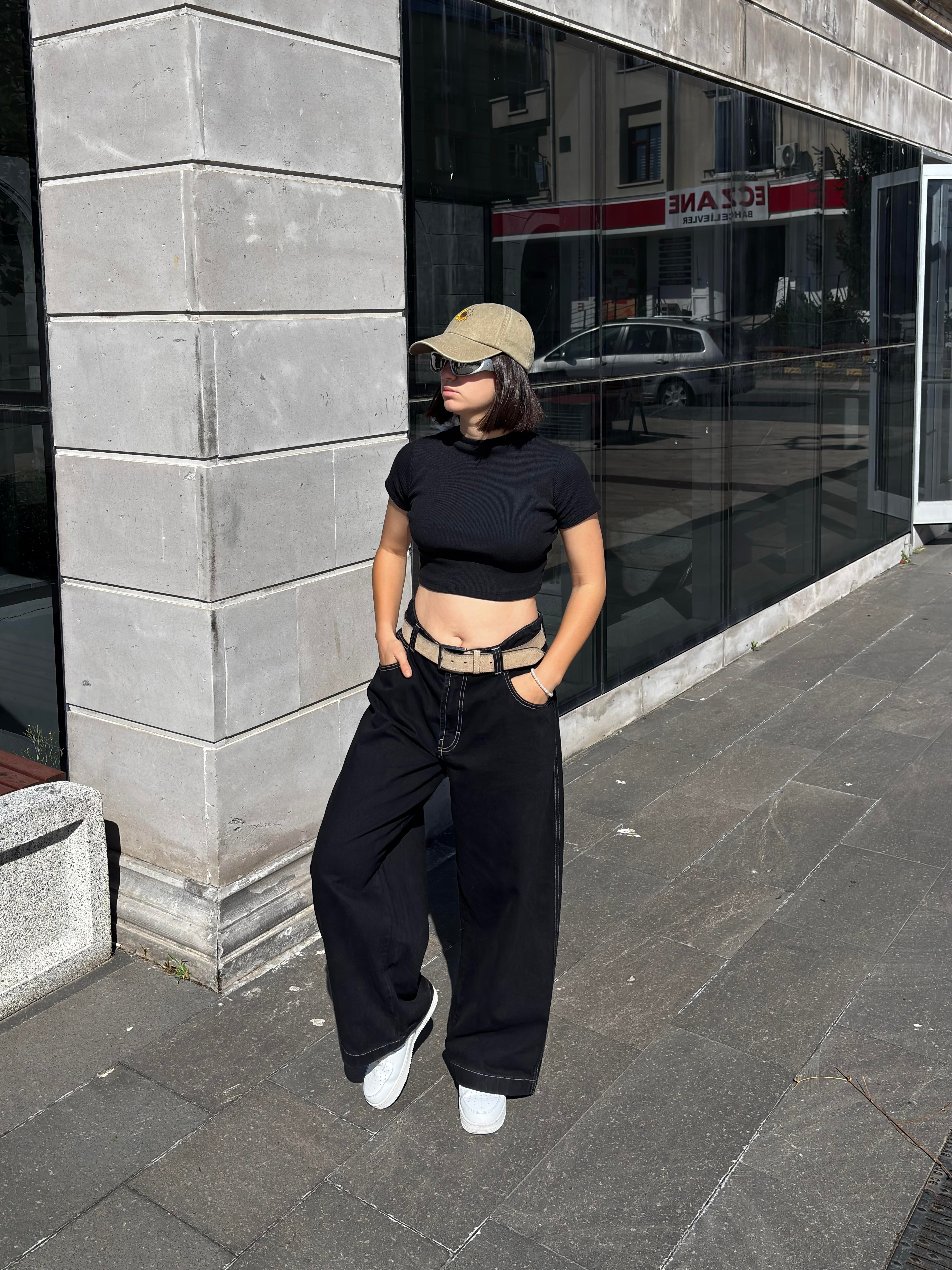Neo Skate Siyah Kontrast Dikişli Baggy Jean