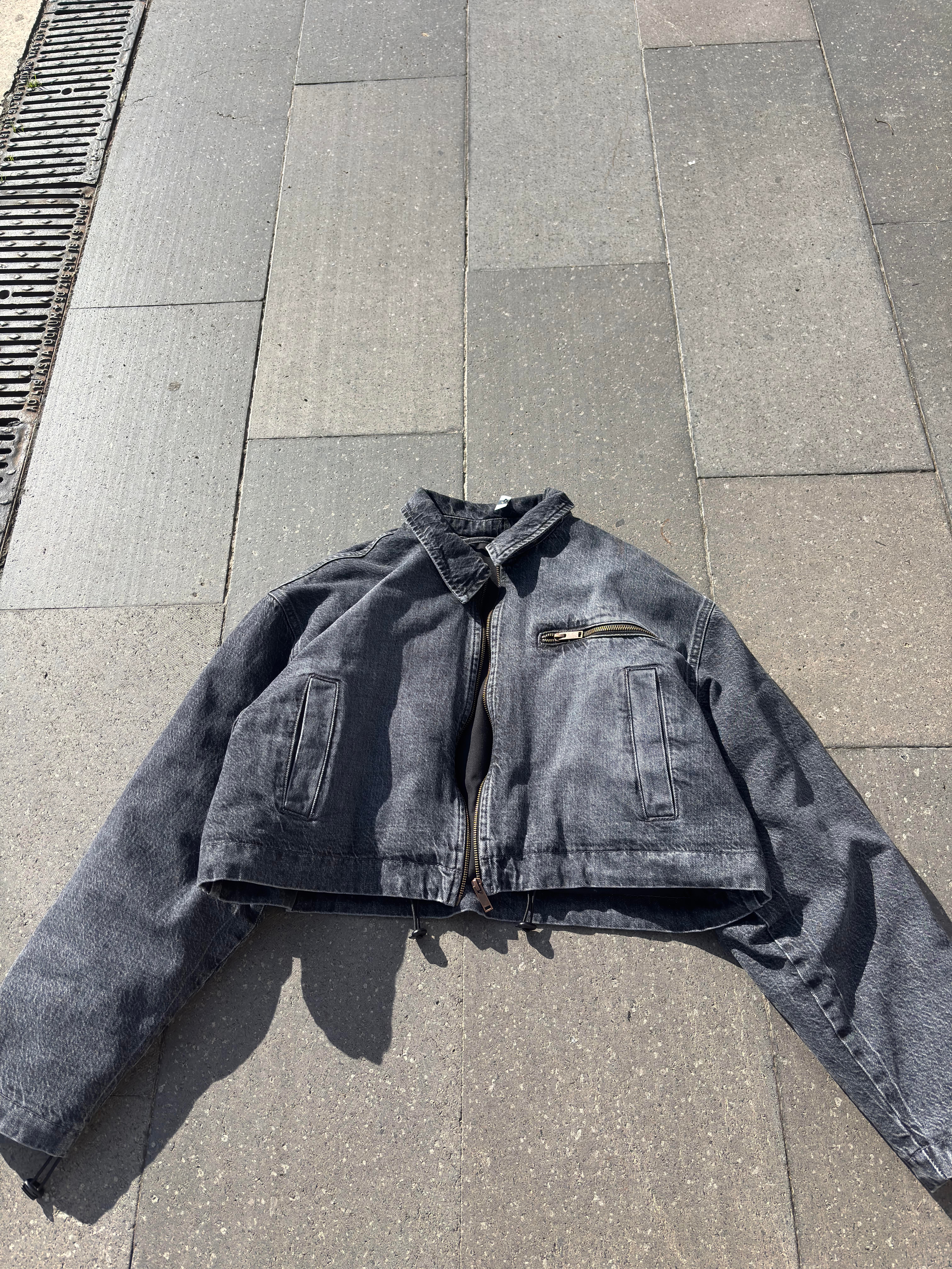 Premium Antrasit Tone Cropped Borg Denim Jacket