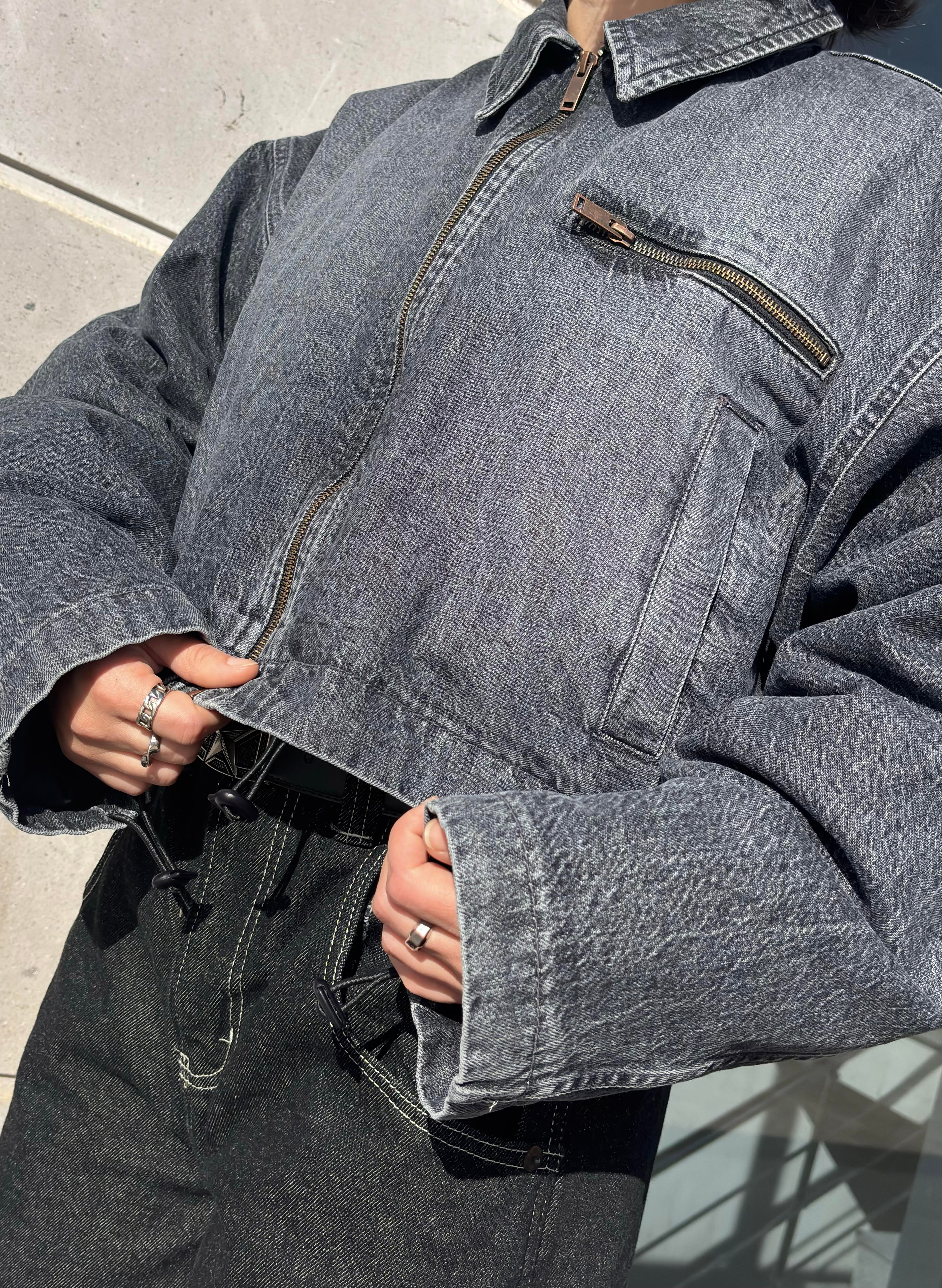Premium Antrasit Tone Cropped Borg Denim Jacket