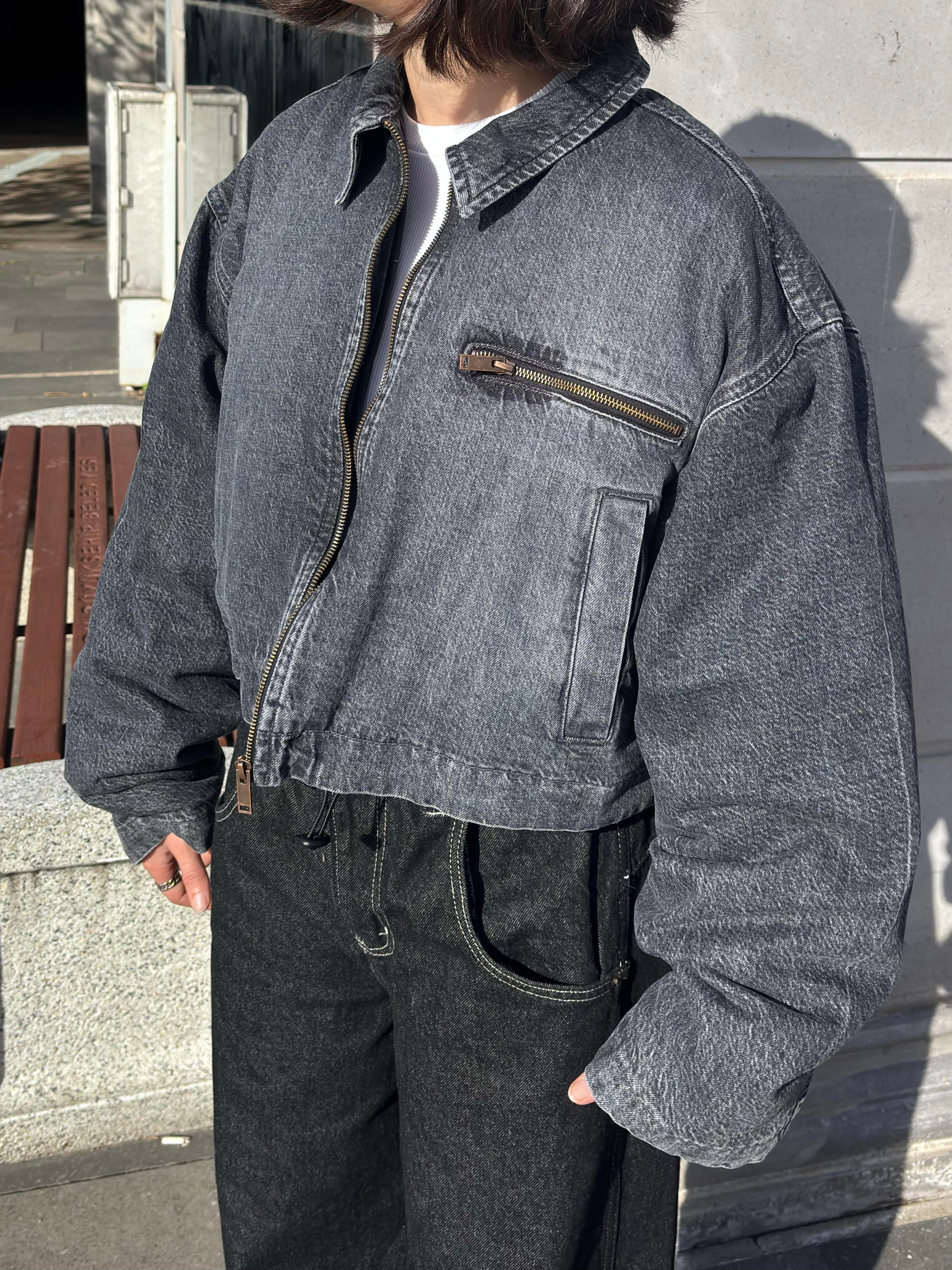 Premium Antrasit Tone Cropped Borg Denim Jacket