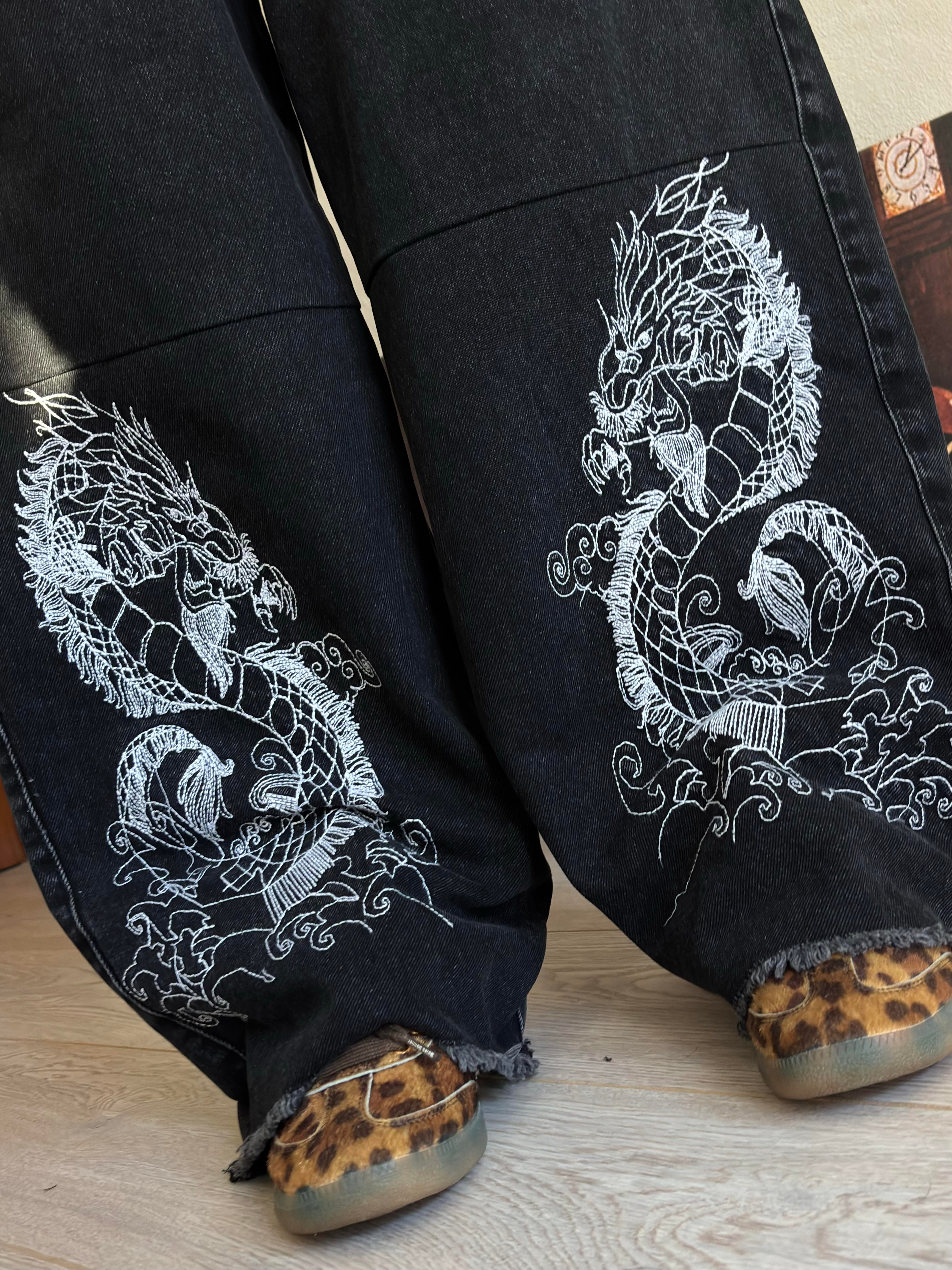 Premium Antrasit Tone Extreme Dragon Nakışlı Baggy Pants