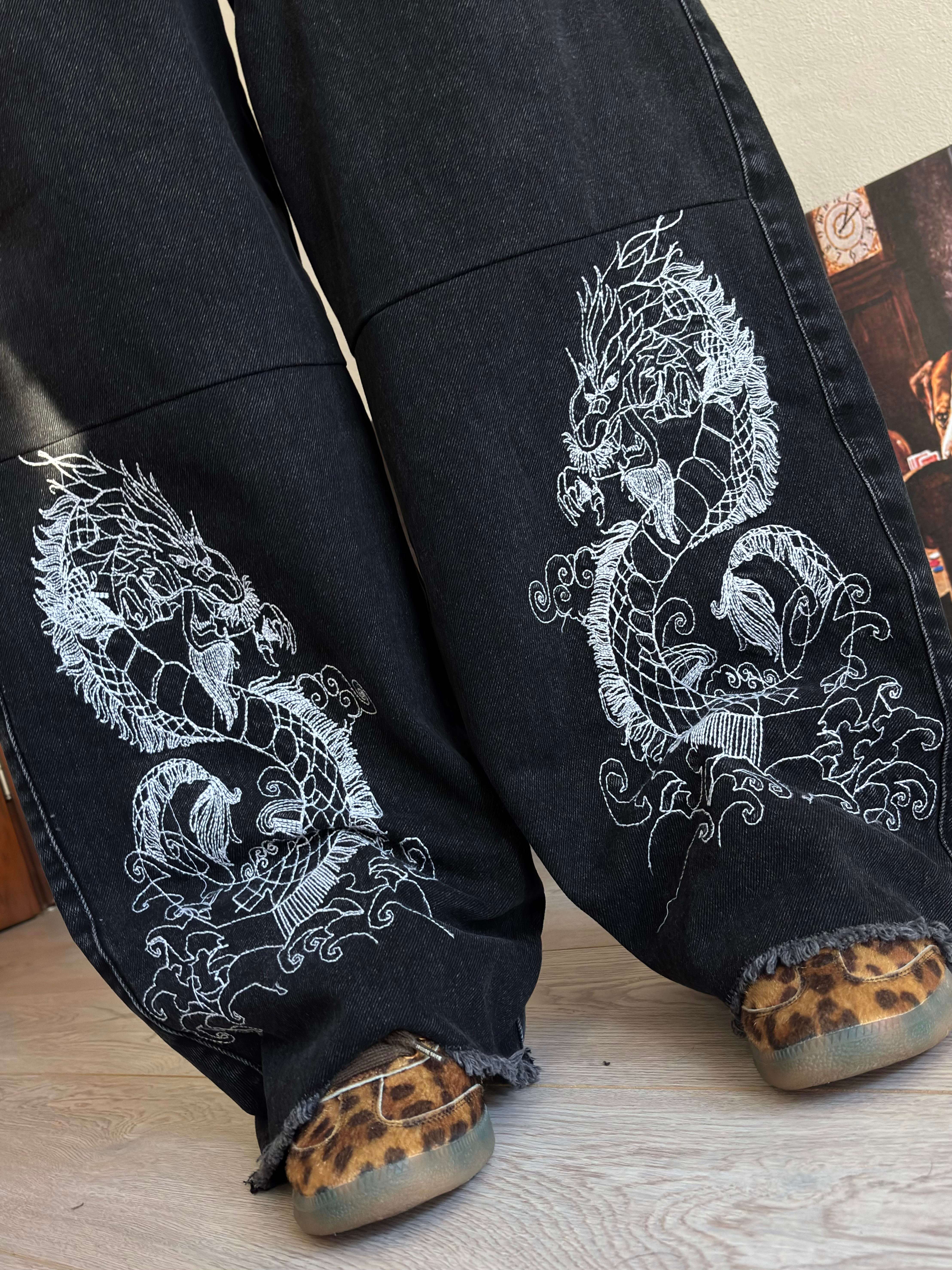 Premium Antrasit Tone Extreme Dragon Nakışlı Baggy Pants