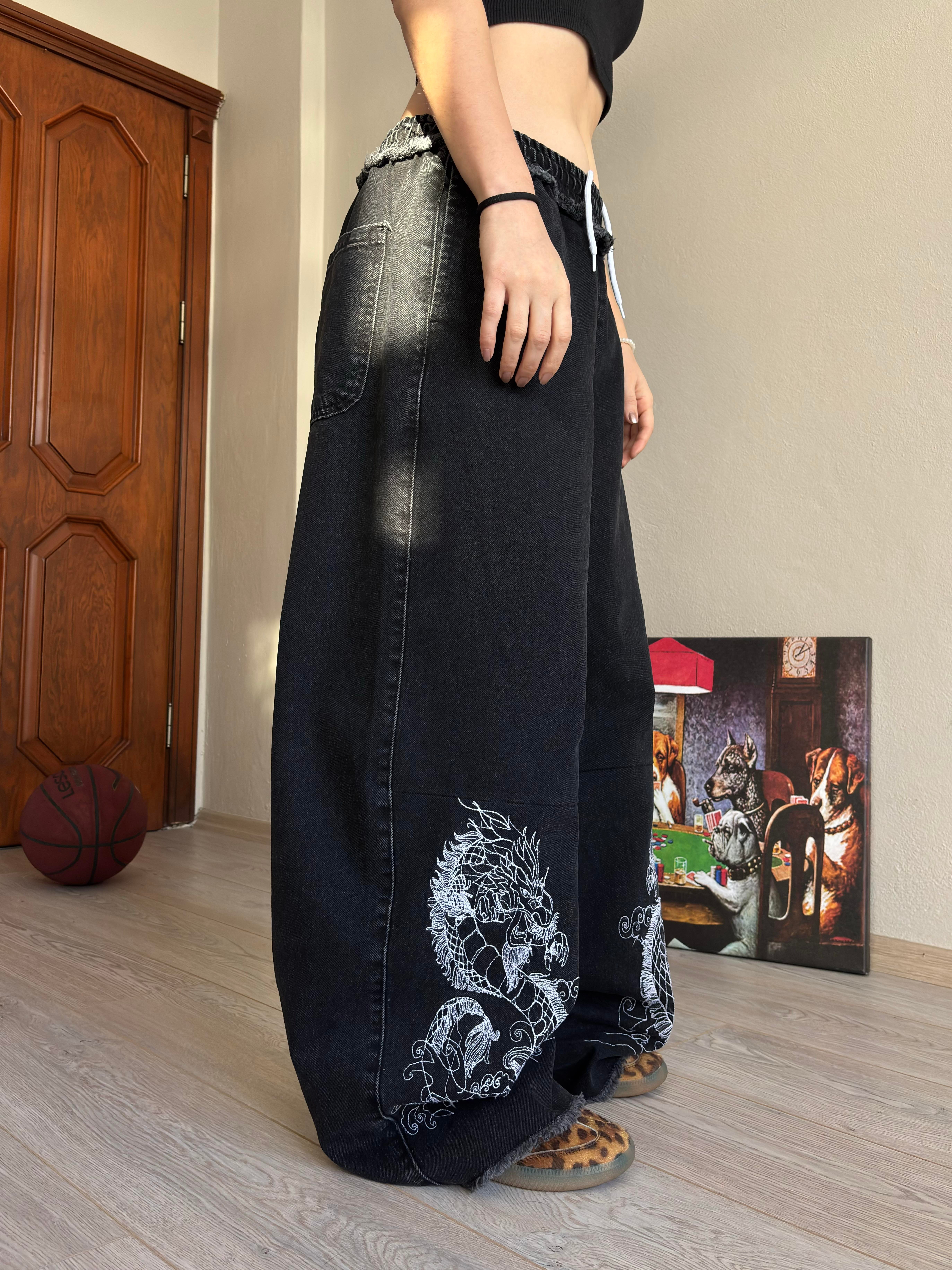 Premium Antrasit Tone Extreme Dragon Nakışlı Baggy Pants