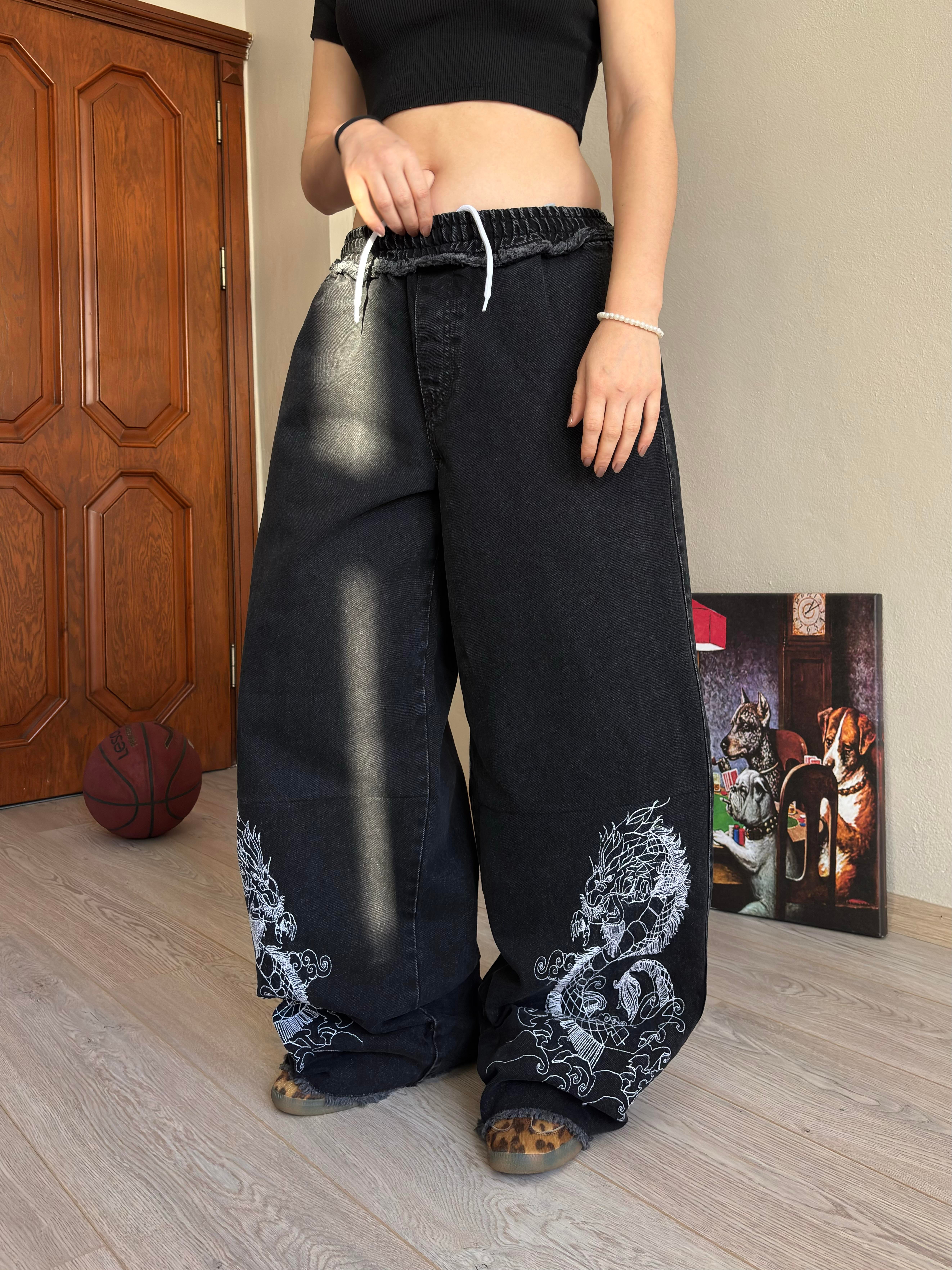 Premium Antrasit Tone Extreme Dragon Nakışlı Baggy Pants