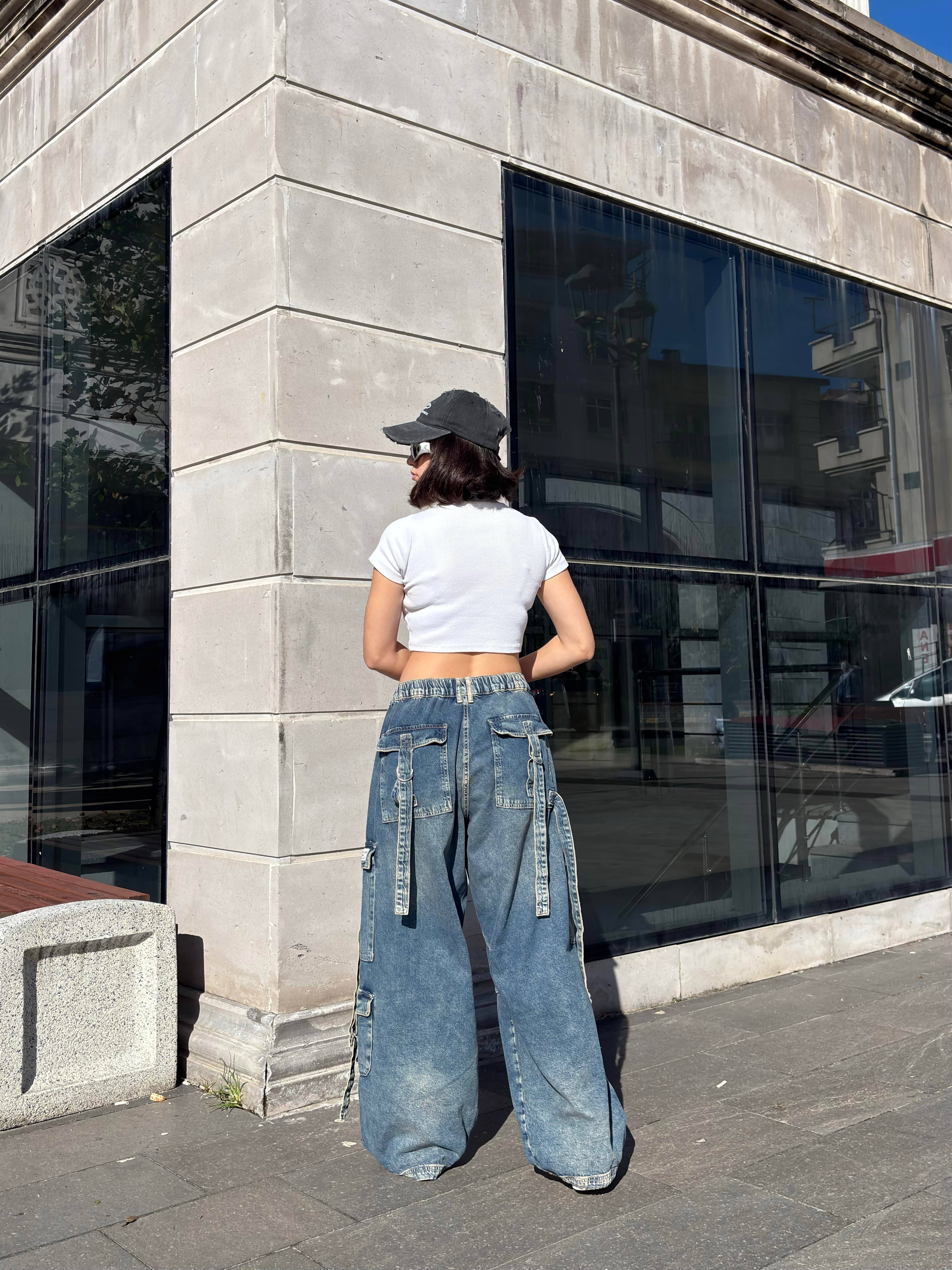 Premium Askılı Multi Pocket Denim Cargo Pants