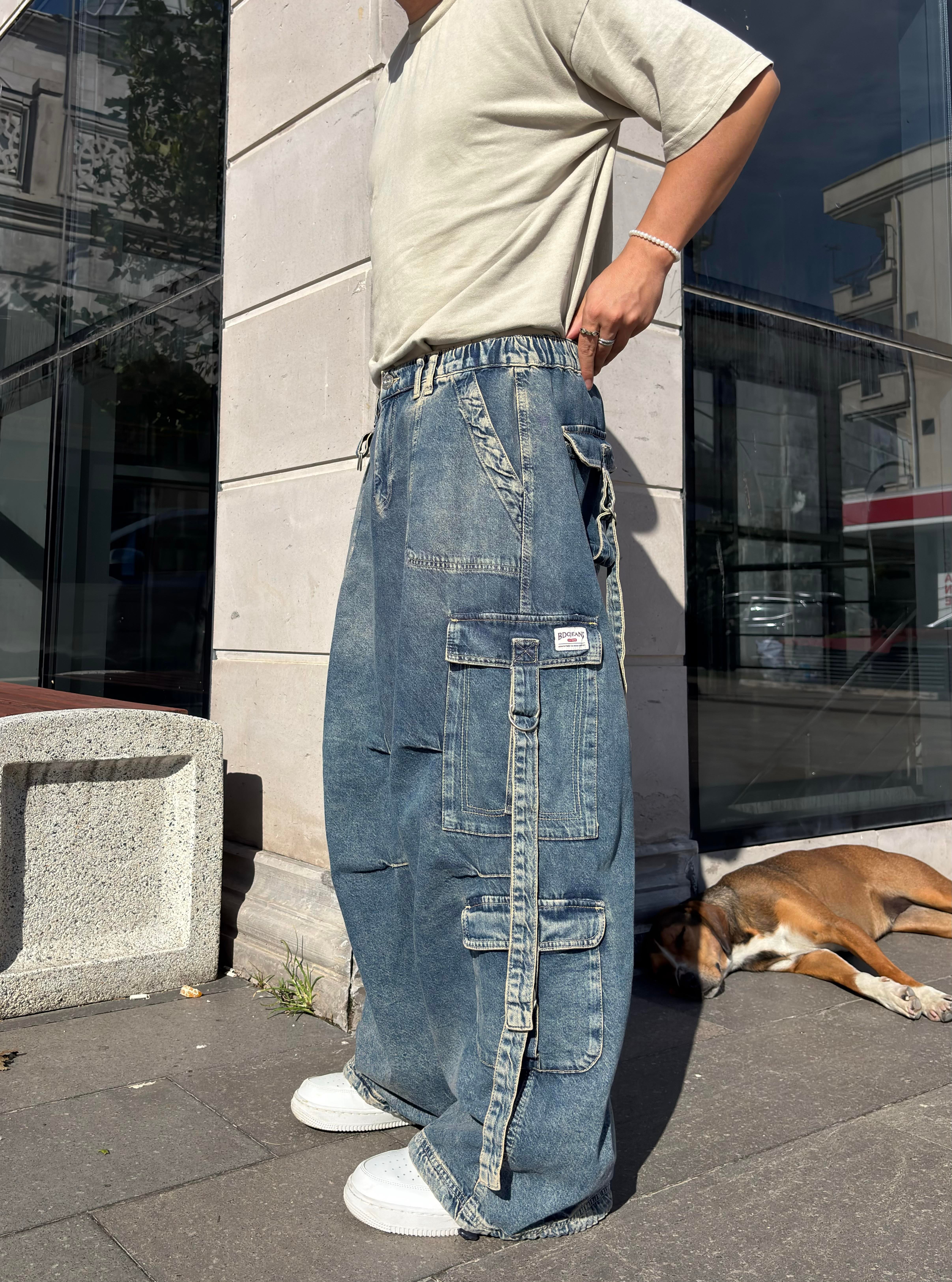 Premium Askılı Multi Pocket Denim Cargo Pants