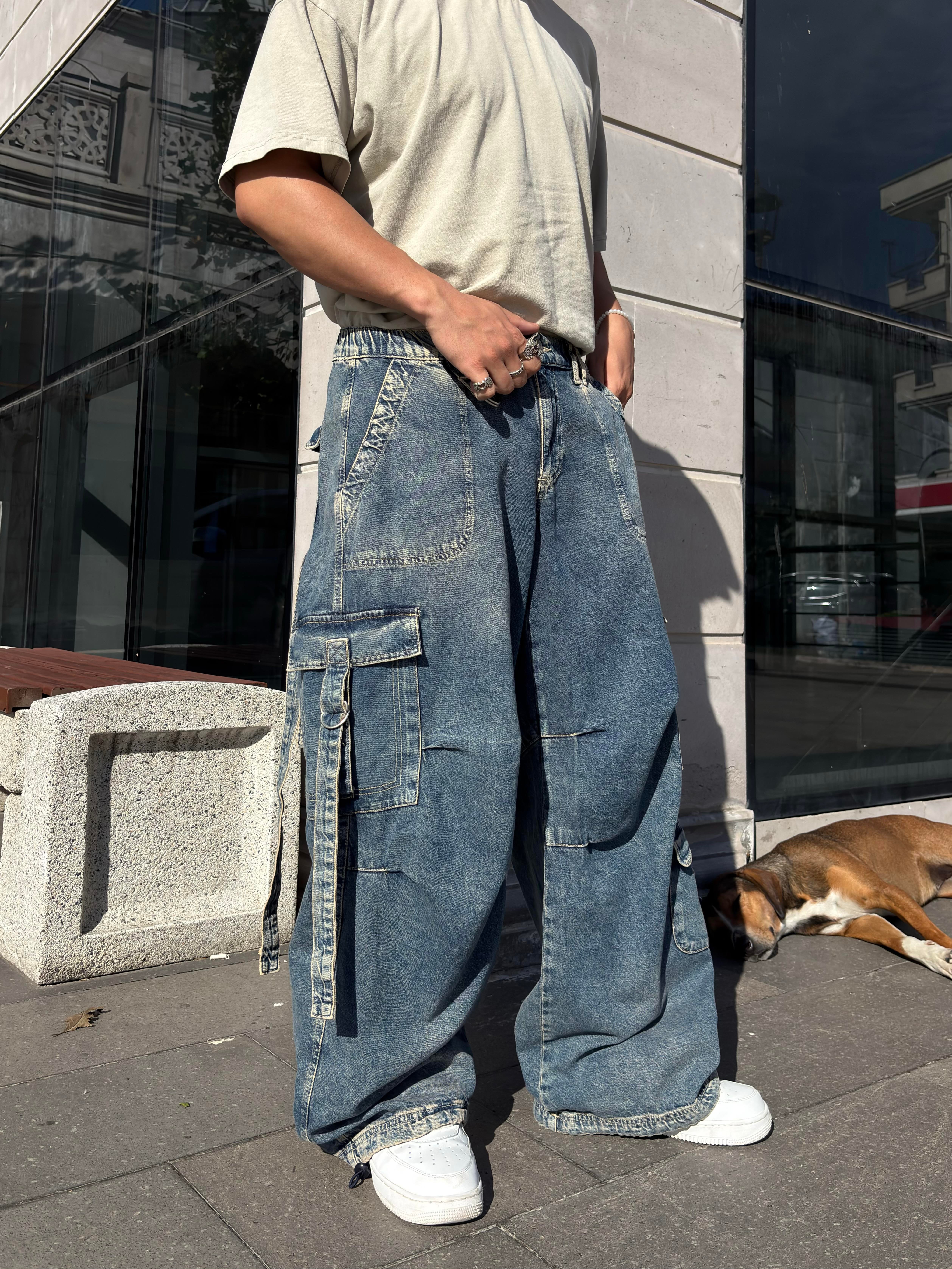 Premium Askılı Multi Pocket Denim Cargo Pants