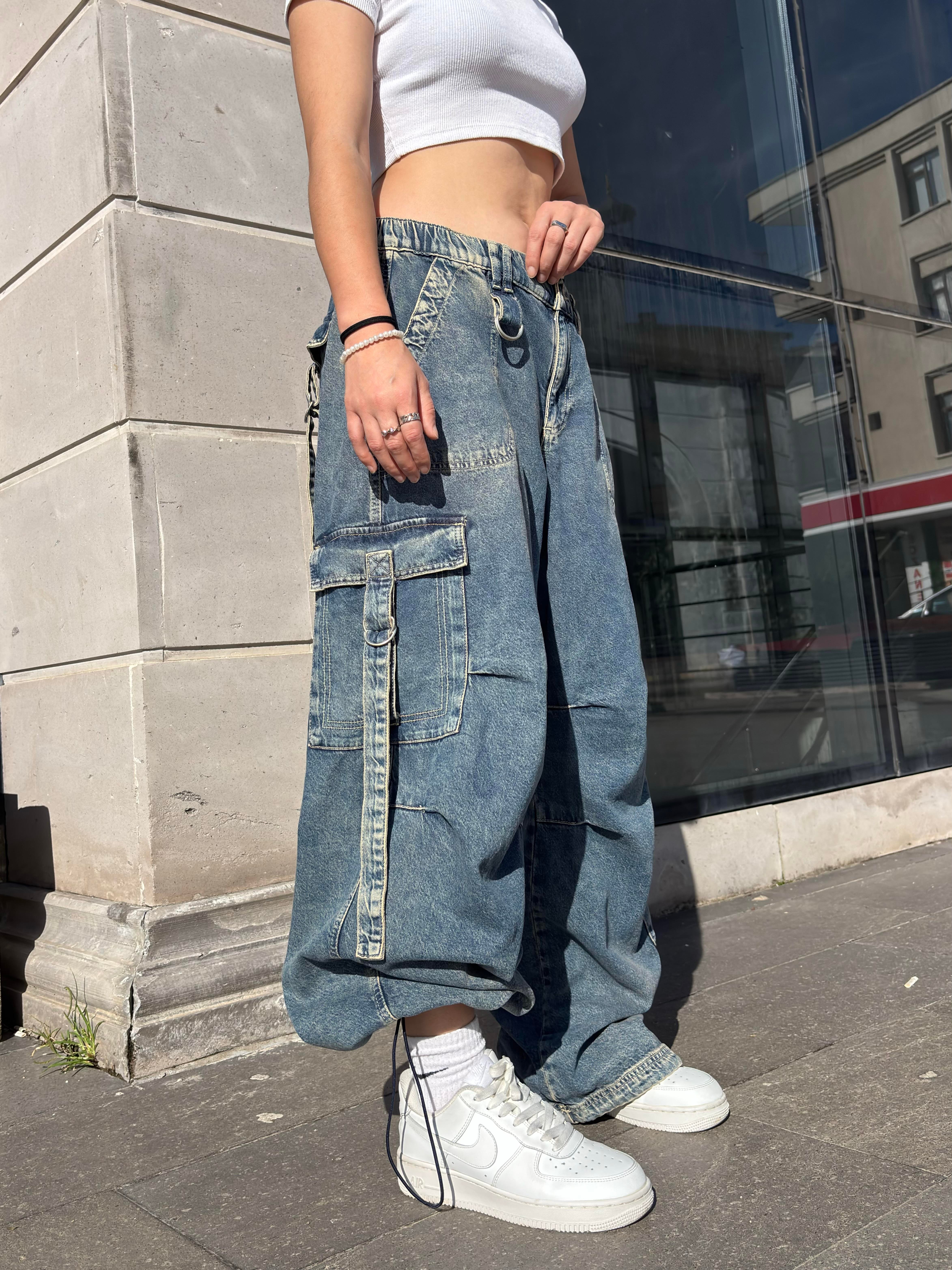 Premium Askılı Multi Pocket Denim Cargo Pants