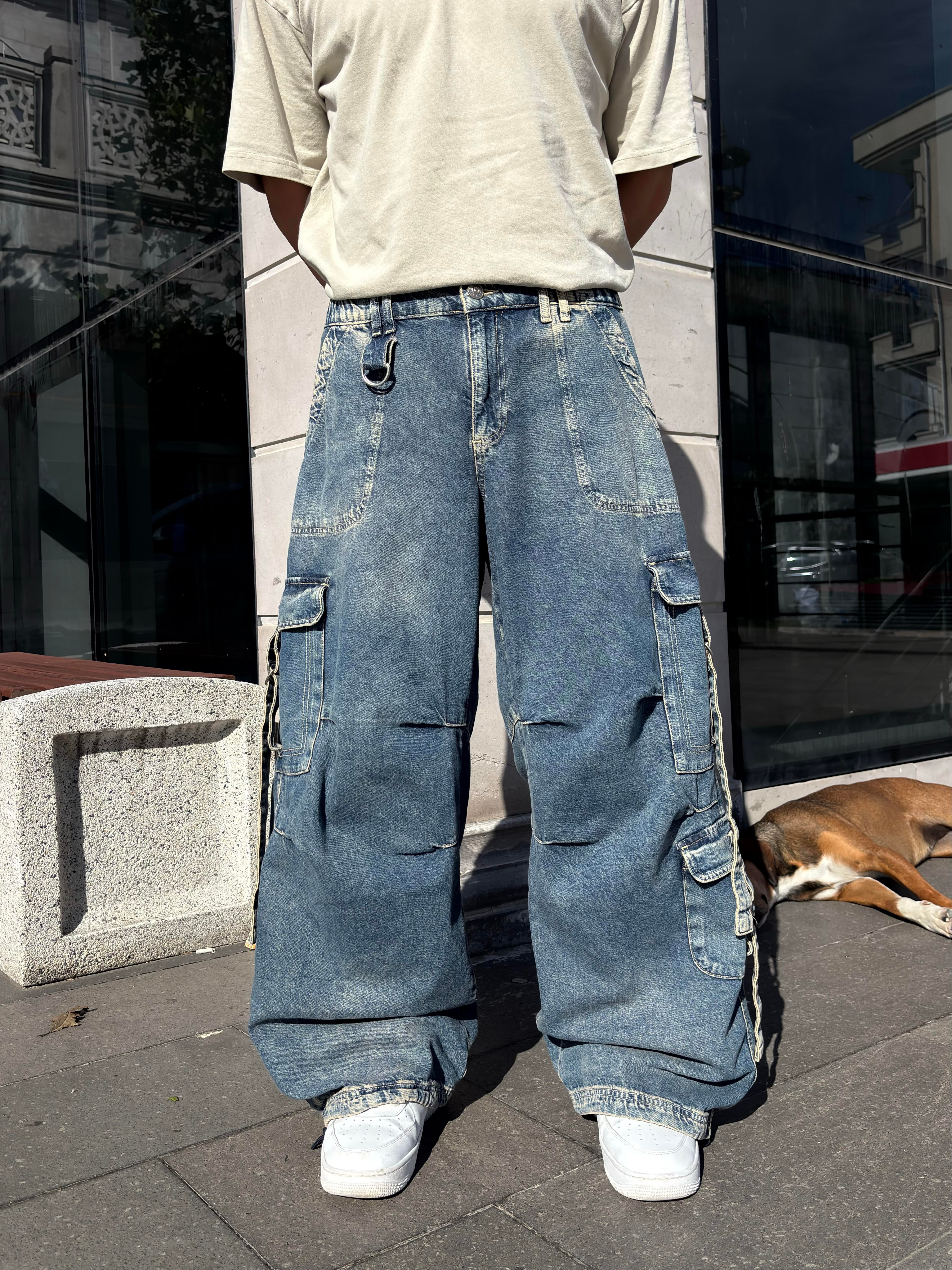 Premium Askılı Multi Pocket Denim Cargo Pants