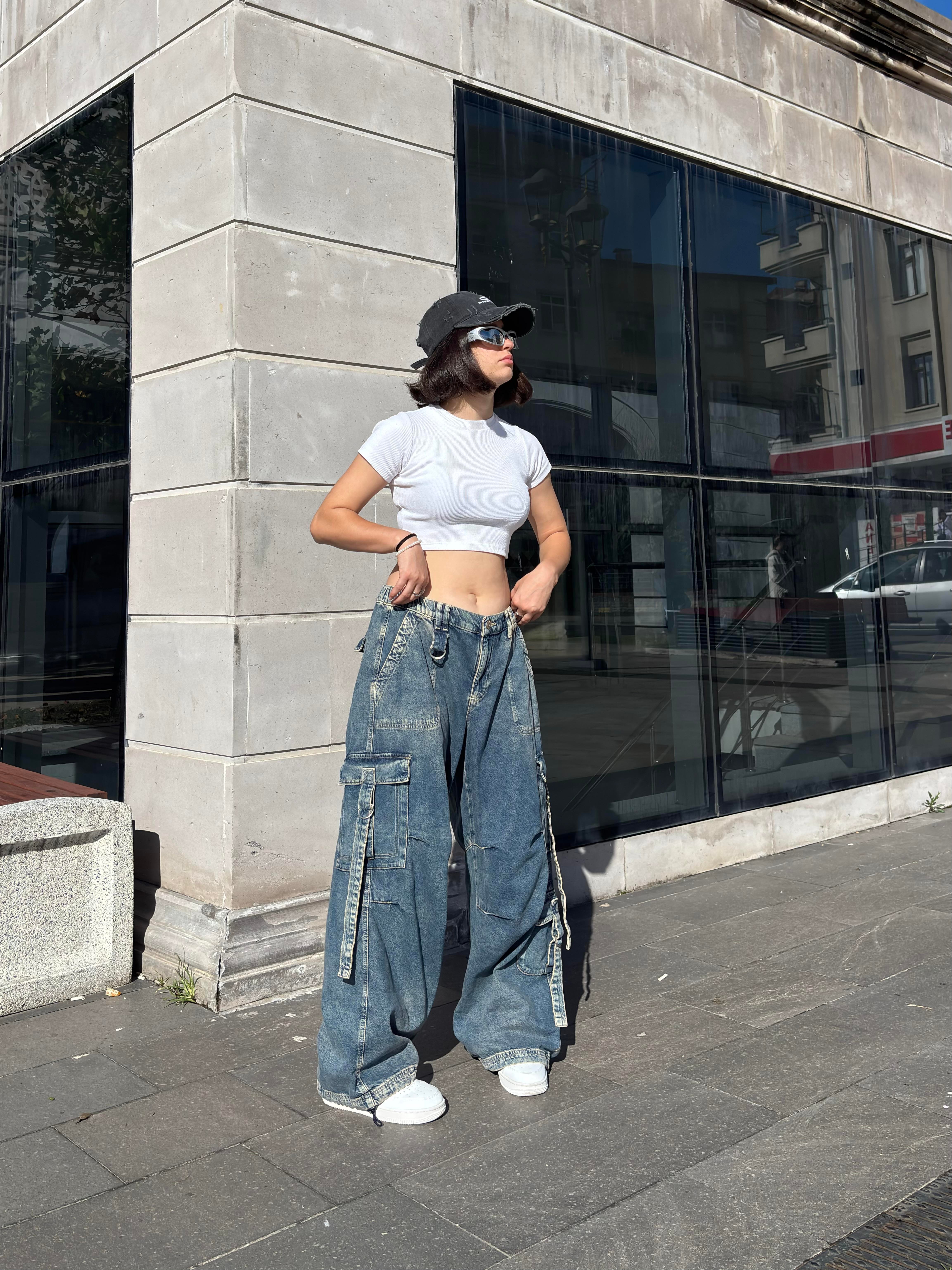 Premium Askılı Multi Pocket Denim Cargo Pants