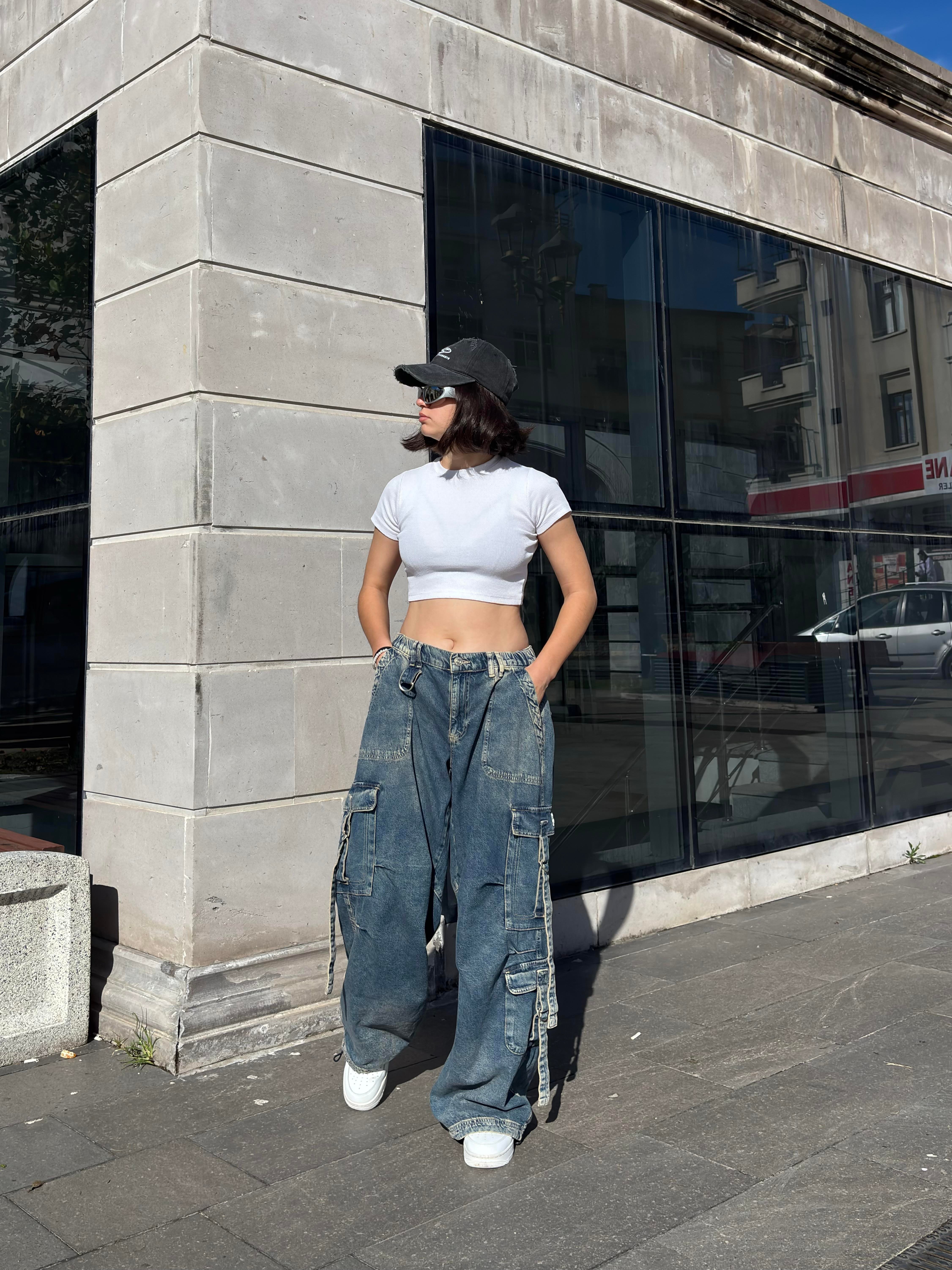Premium Askılı Multi Pocket Denim Cargo Pants