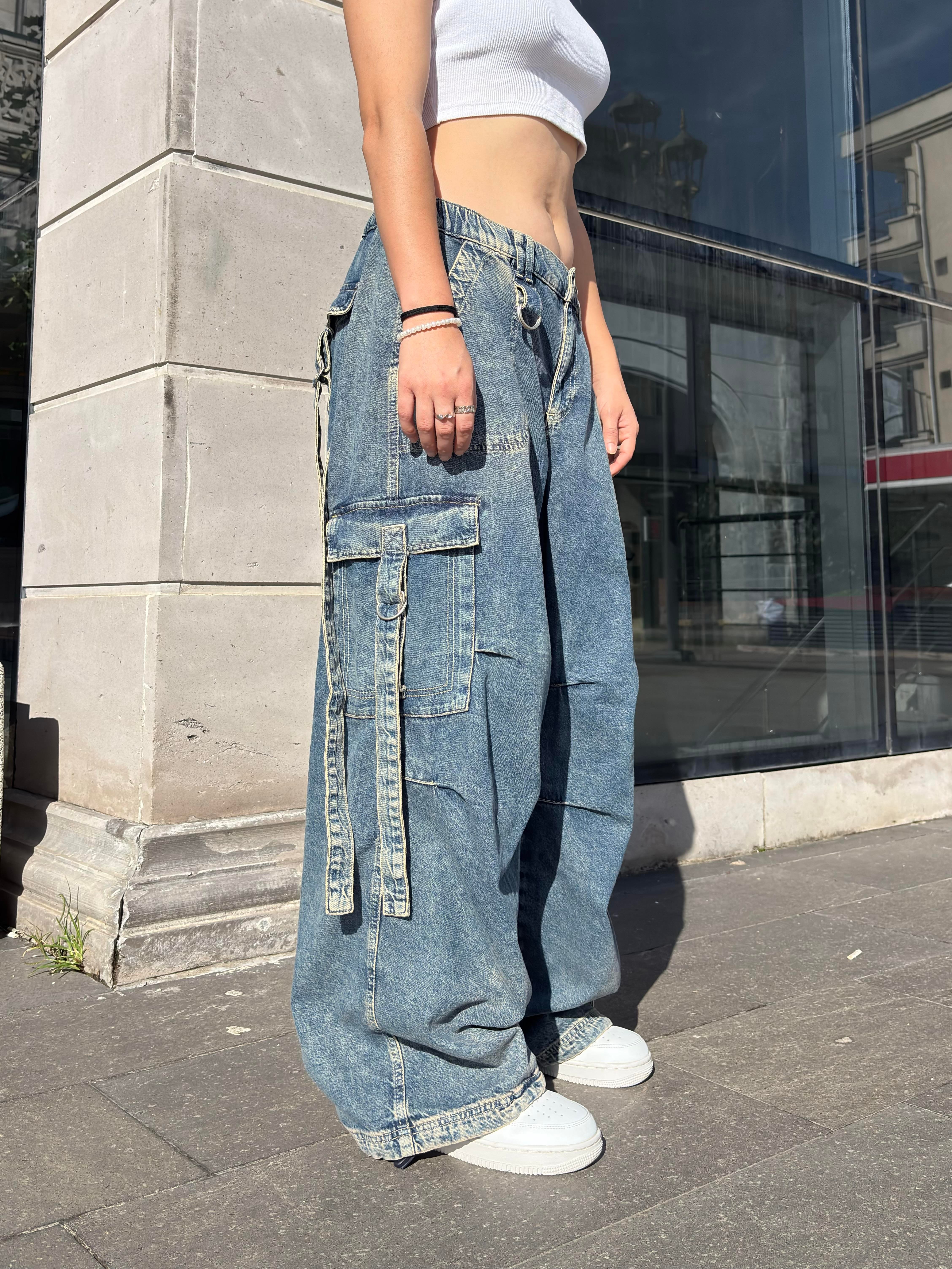 Premium Askılı Multi Pocket Denim Cargo Pants