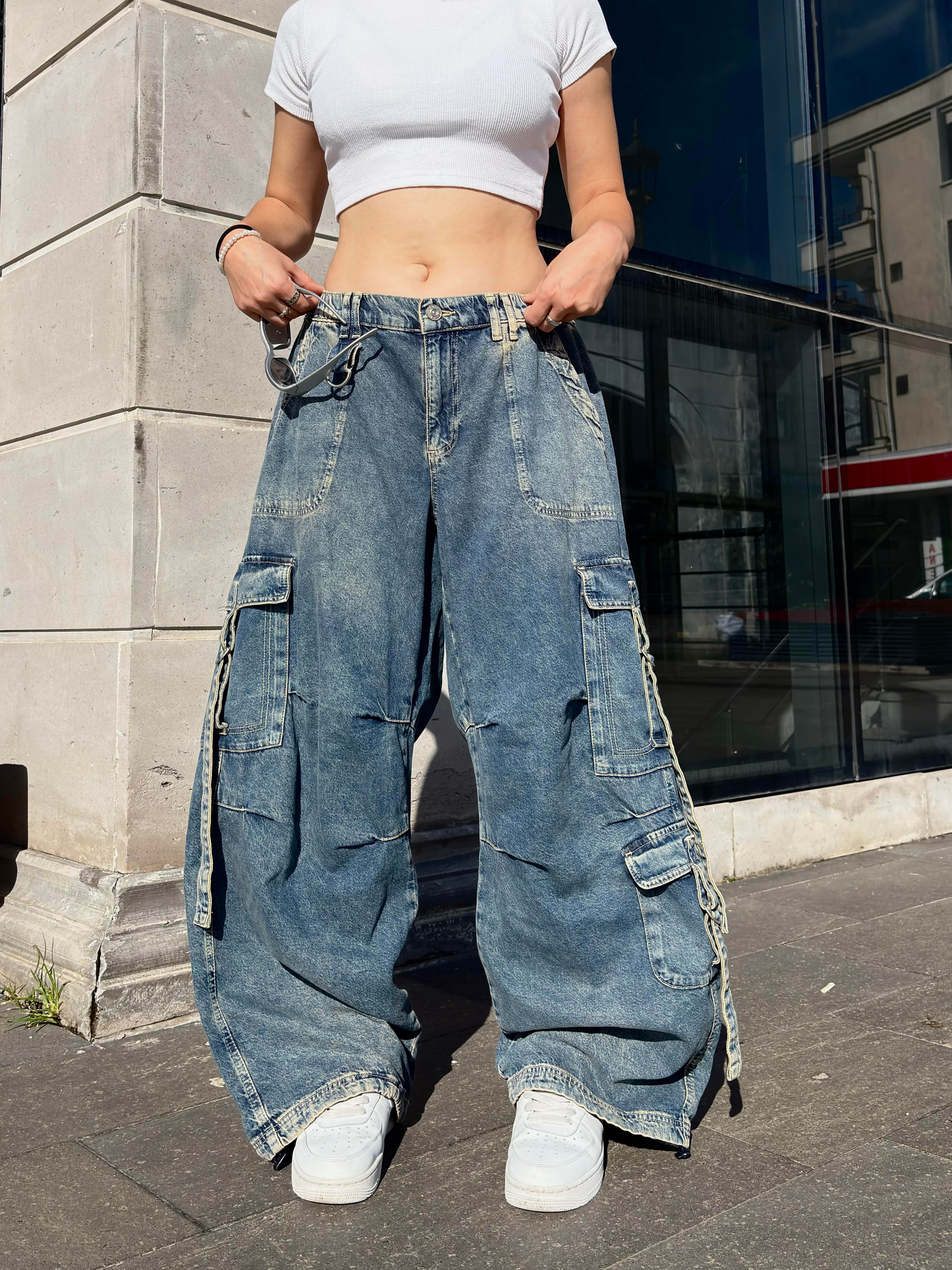 Premium Askılı Multi Pocket Denim Cargo Pants