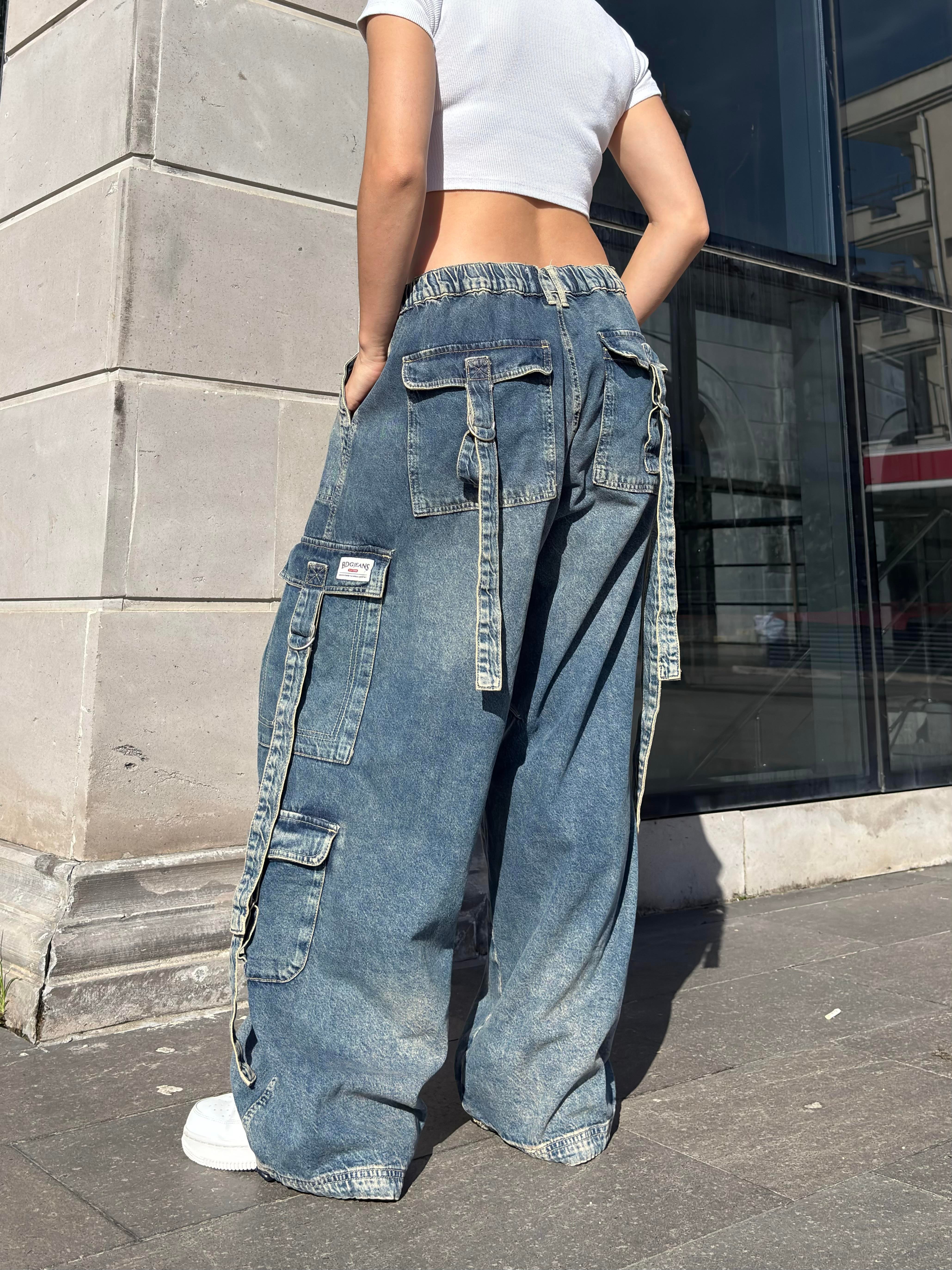 Premium Askılı Multi Pocket Denim Cargo Pants